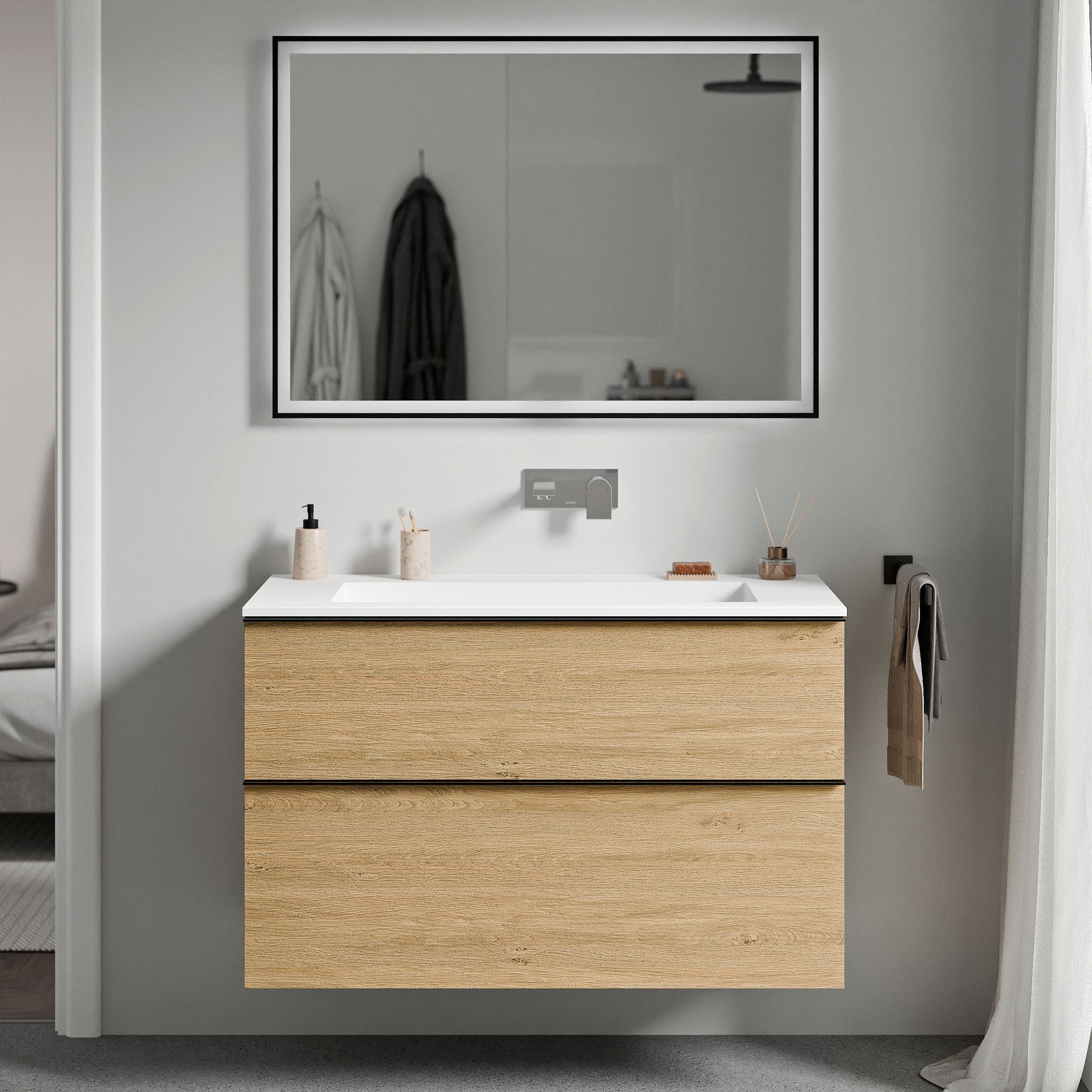 Unterschrank LAVOA 80 cm Eiche Honiggold Weiß matt ohne Hahnloch