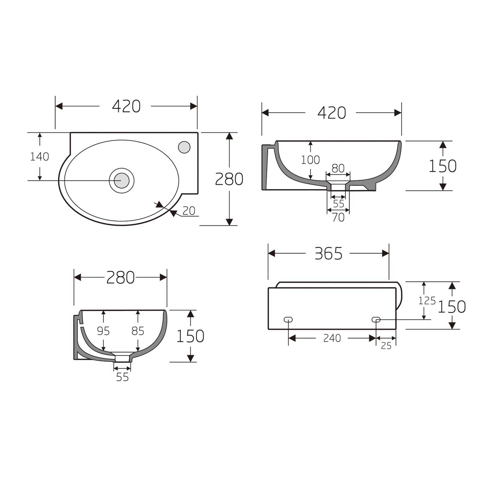 Lave-mains d'angle fonte minérale KW198 - blanc brillant - 42 x 28 x 15 cm