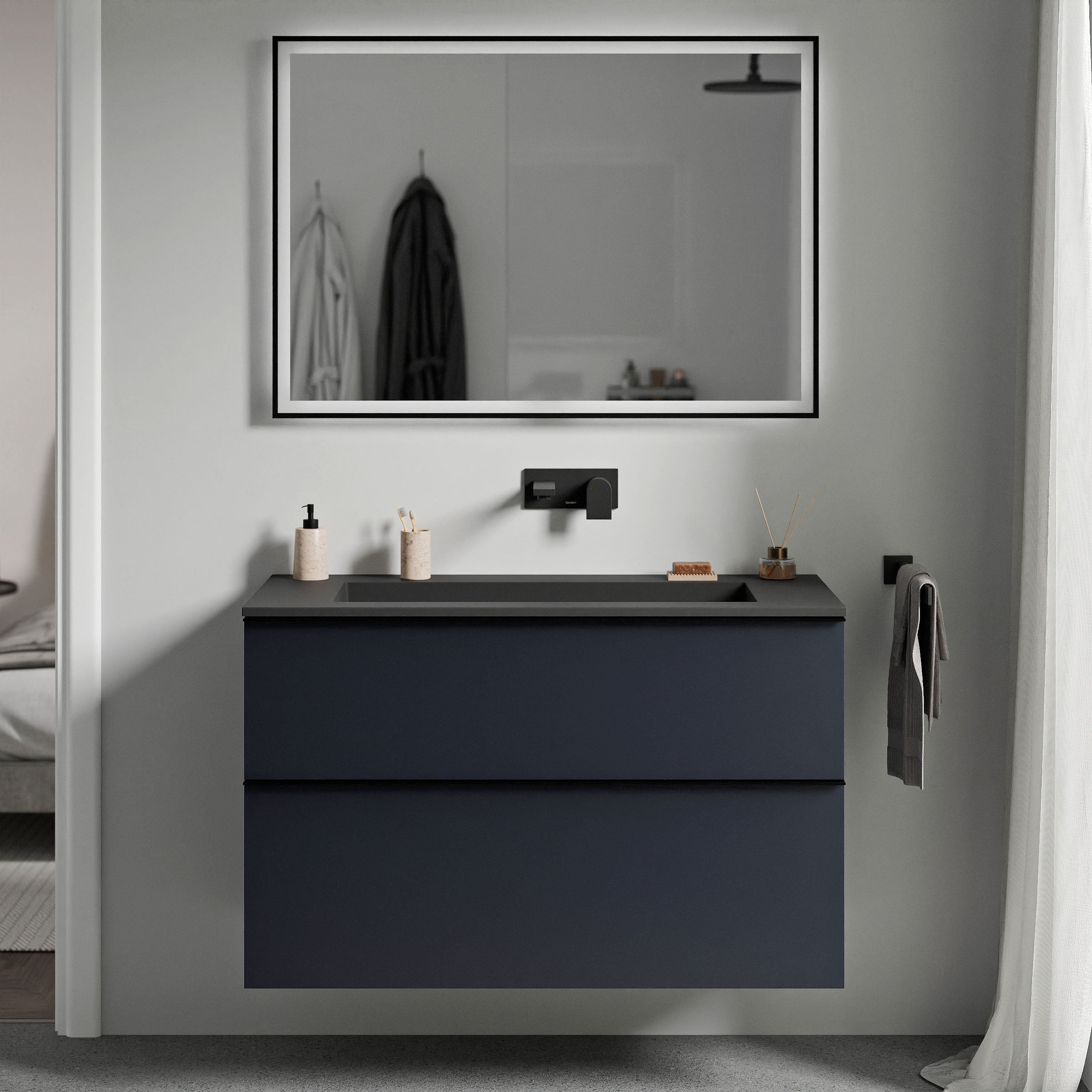 Unterschrank LAVOA 80 cm Mitternachtsblau matt Schwarz matt ohne Hahnloch