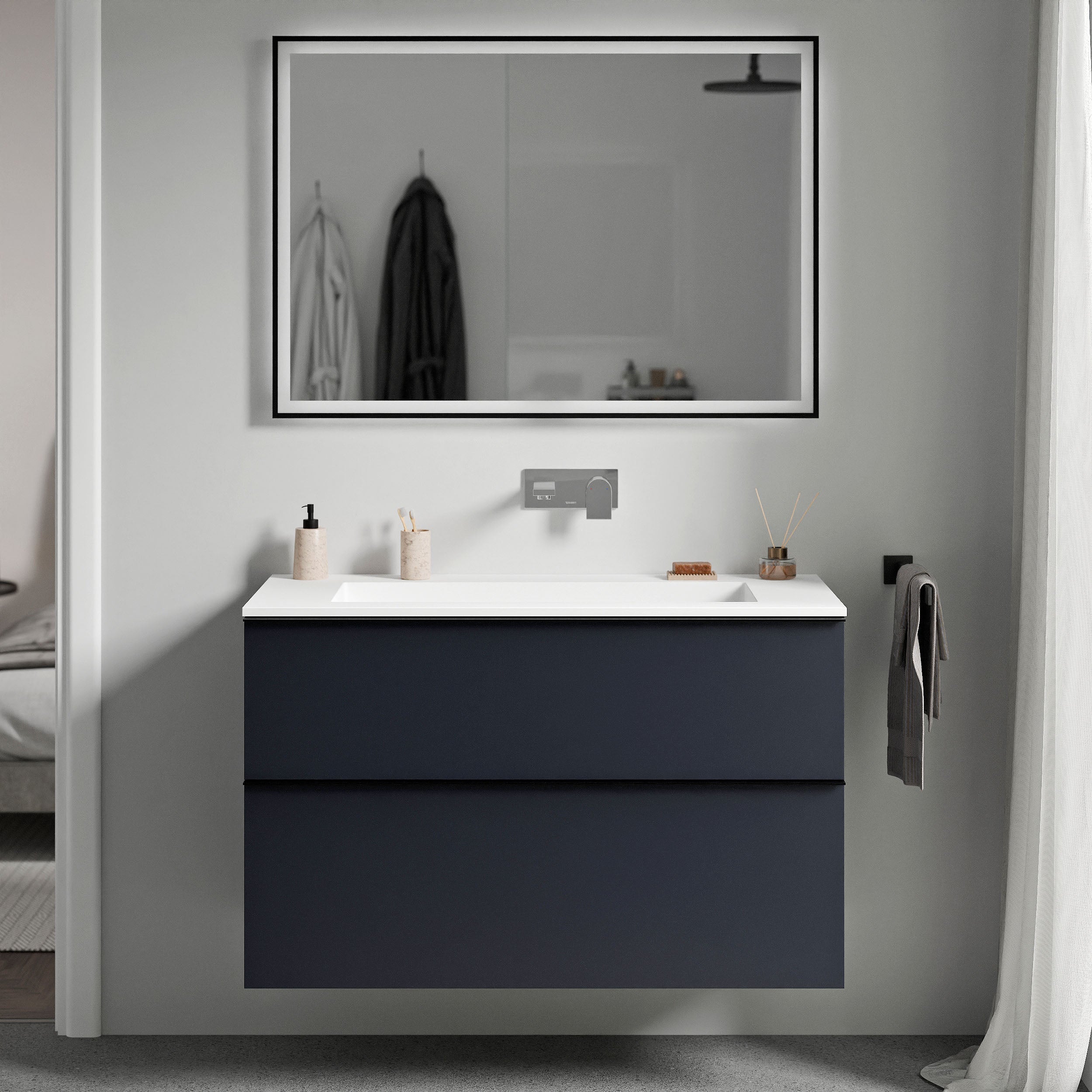 Unterschrank LAVOA 80 cm Mitternachtsblau matt Weiß matt ohne Hahnloch