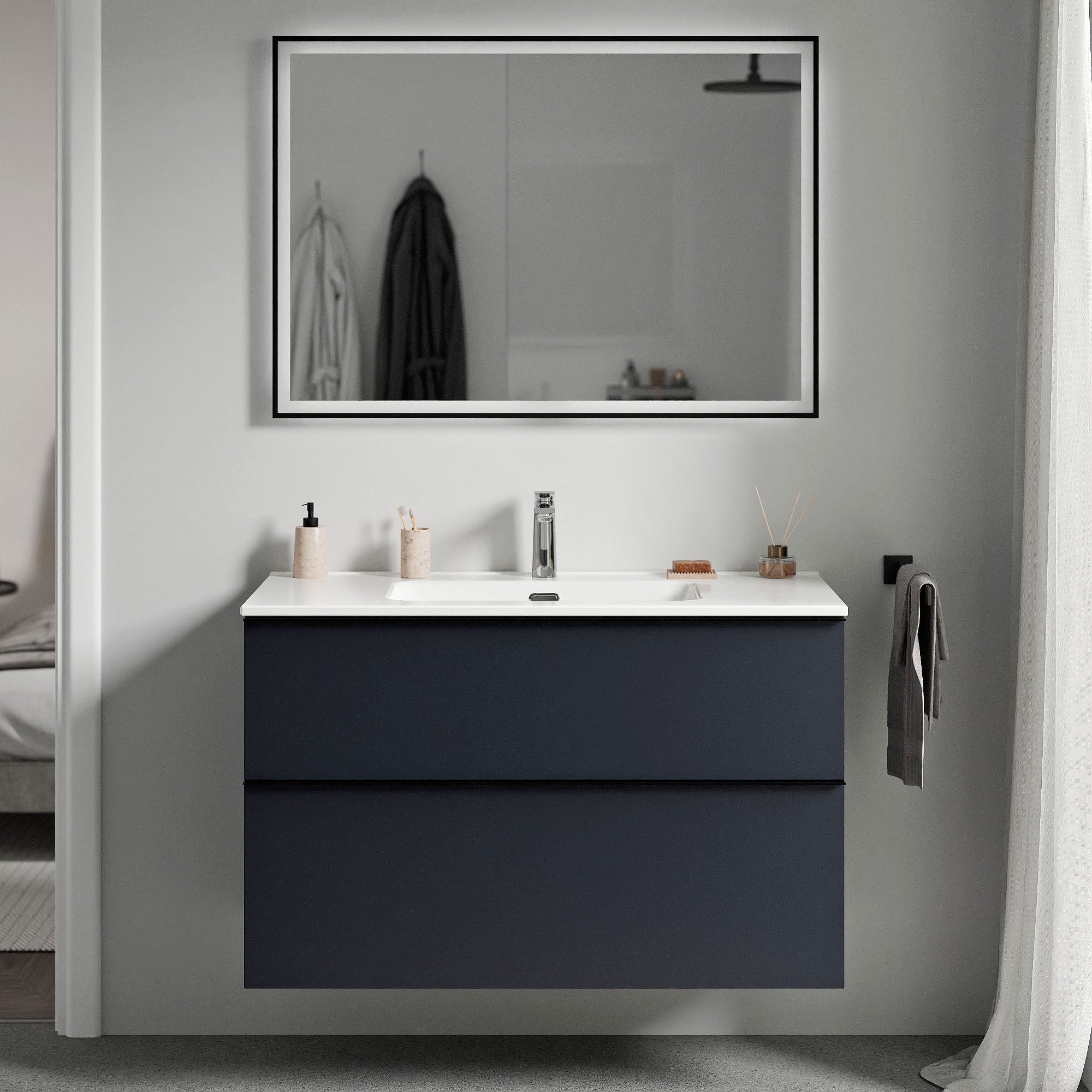 Waschtischunterschrank LAVOA 80 cm Weiß glänzend Mitternachtsblau matt