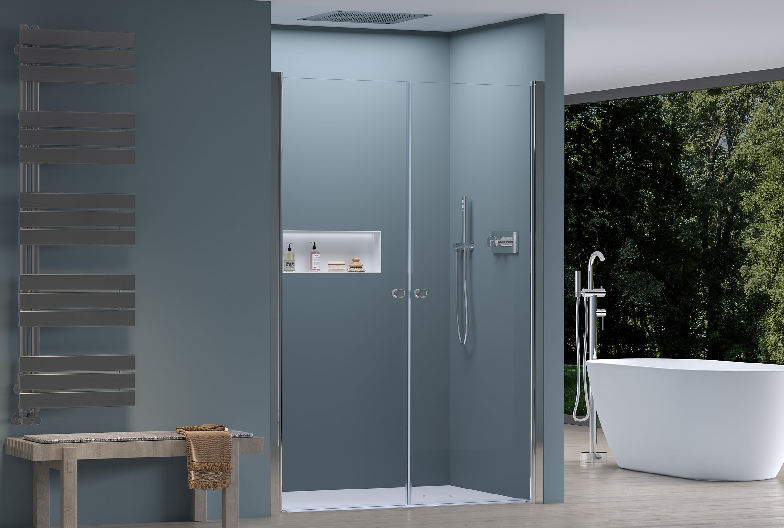 Paroi de douche en niche NT218 - avec portes à double battant - couleur et largeur au choix