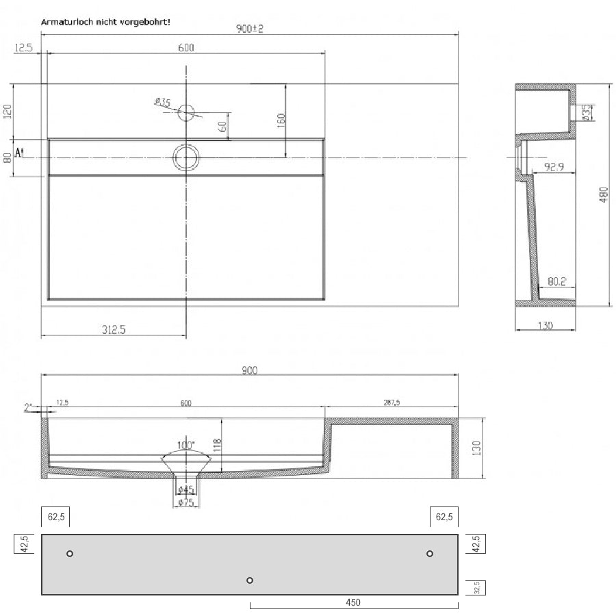 Vasque rectangulaire à suspendre  PB2015, en pierre solide (Solid Stone) - 90 x 48 x 13cm