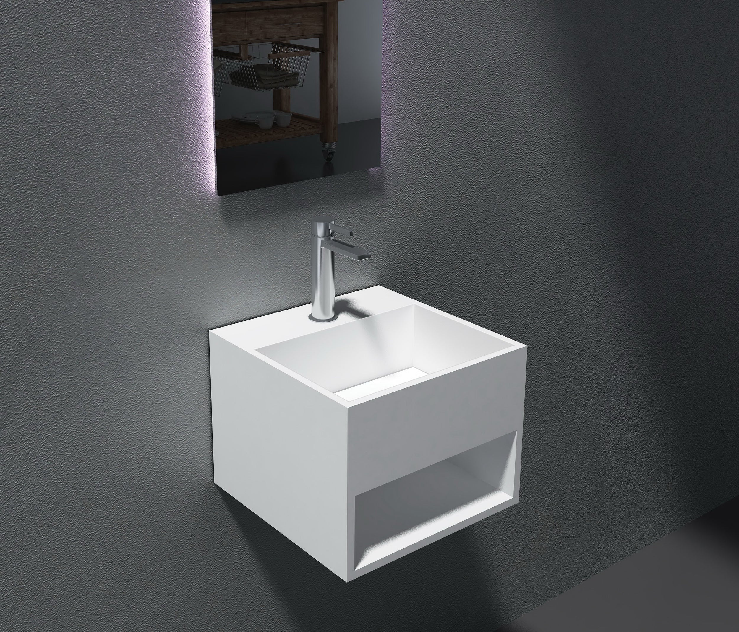 Lavabo sospeso con spazio accessori PB2035 -32,5 x 32,5 x 25cm in resina sintetica (Solid Stone)