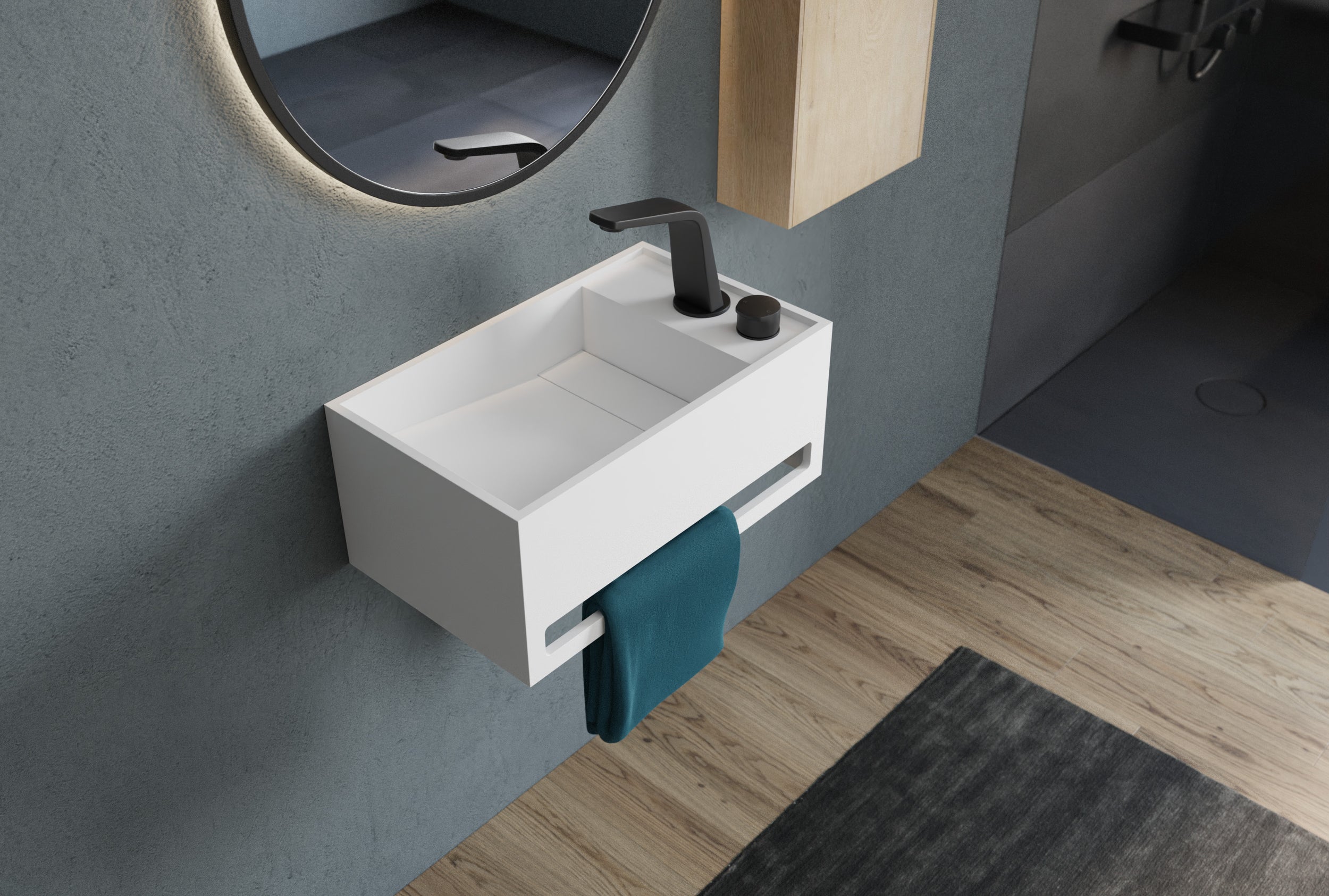 Lavabo sospeso PB2078 in pietra solida (Solid Stone) - 50 x 30 x 22 cm - bianco opaco - con porta asciugamani integrato