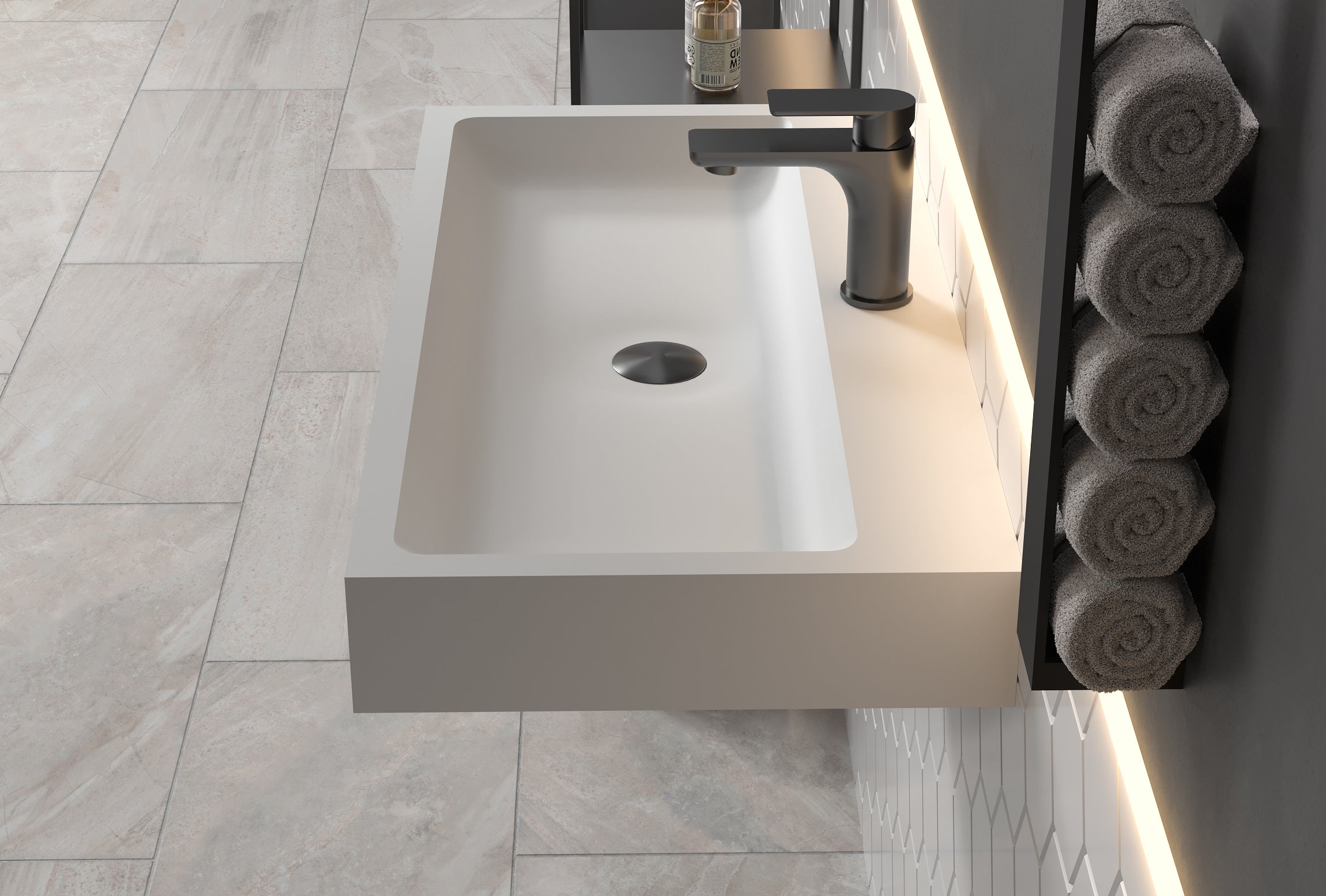 Vasque à poser ou lavabo à suspendre PB2143 en solide surface (Solid Stone) – blanc mat –  80 x 42 x 10 cm