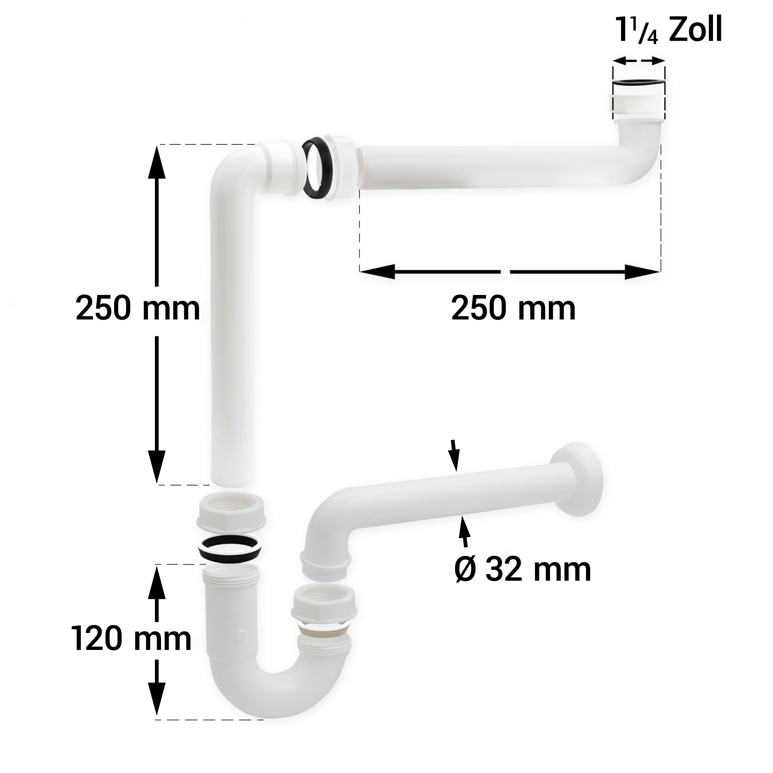 Siphon blanc gain de place pour vasques avec raccord  1 1/4