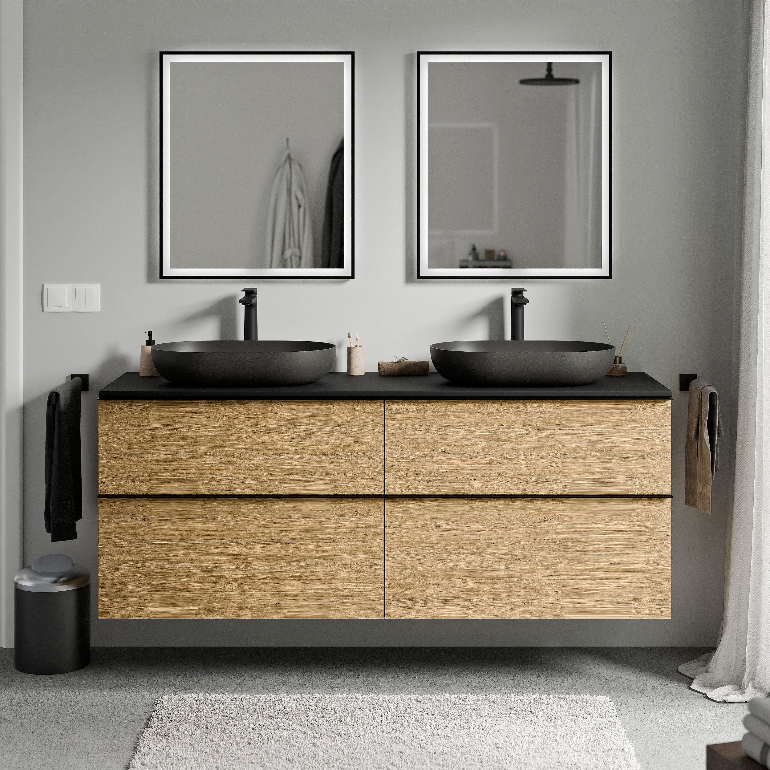 Badmöbel Unterschrank LAVOA 160 cm Eiche Honiggold Schwarz matt