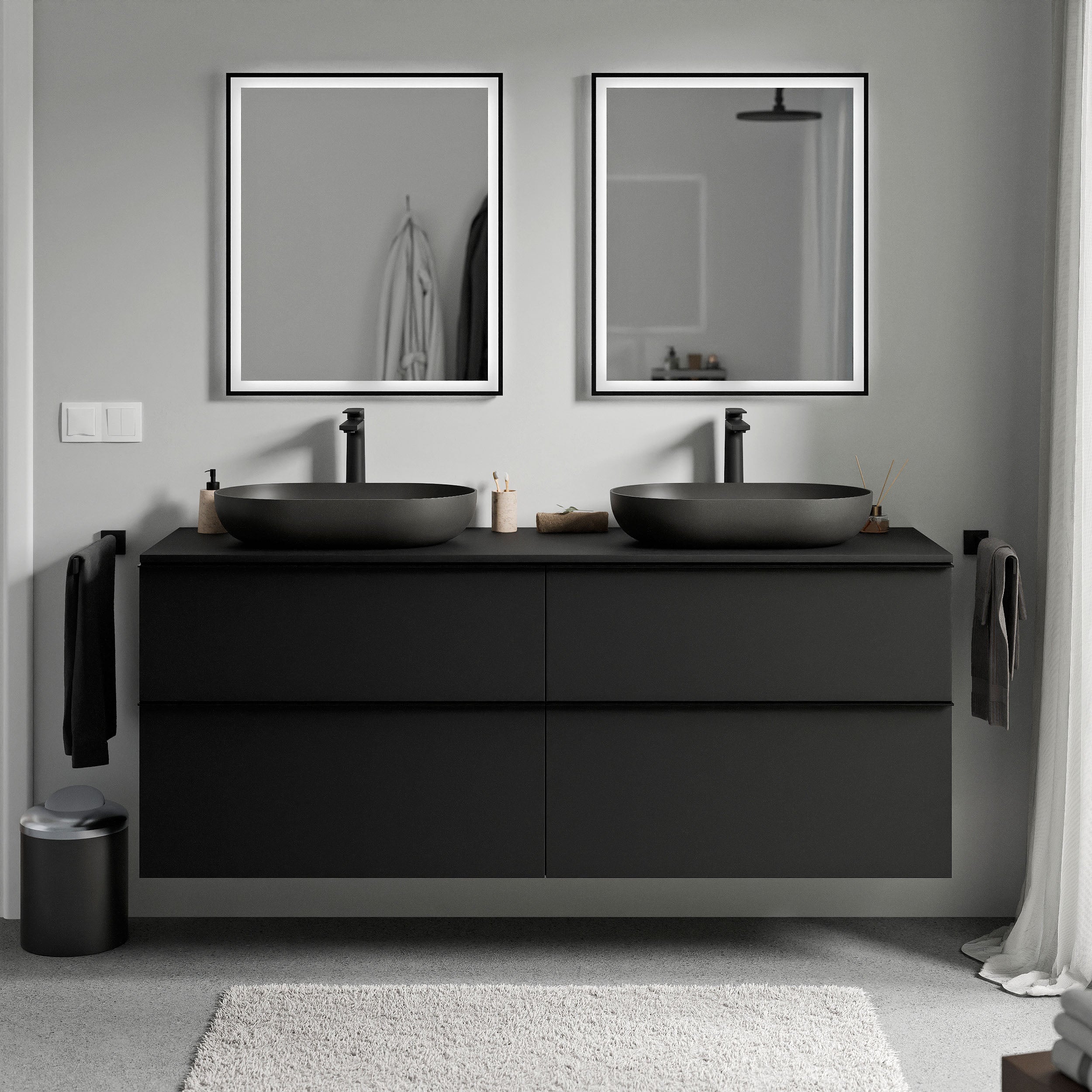 Badmöbel Unterschrank LAVOA 160 cm Schwarz matt Schwarz matt