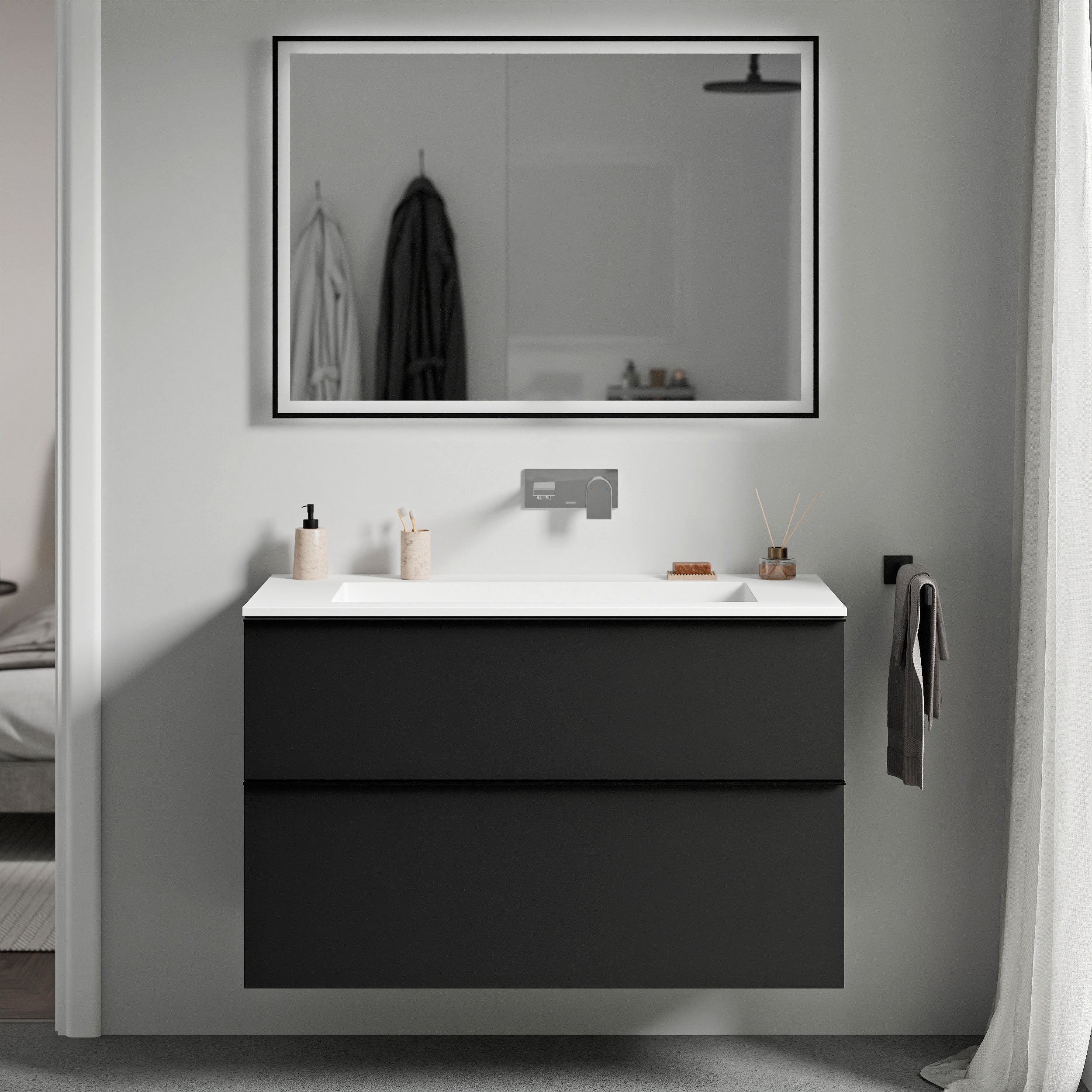 Unterschrank LAVOA 80 cm Schwarz matt Weiß matt ohne Hahnloch