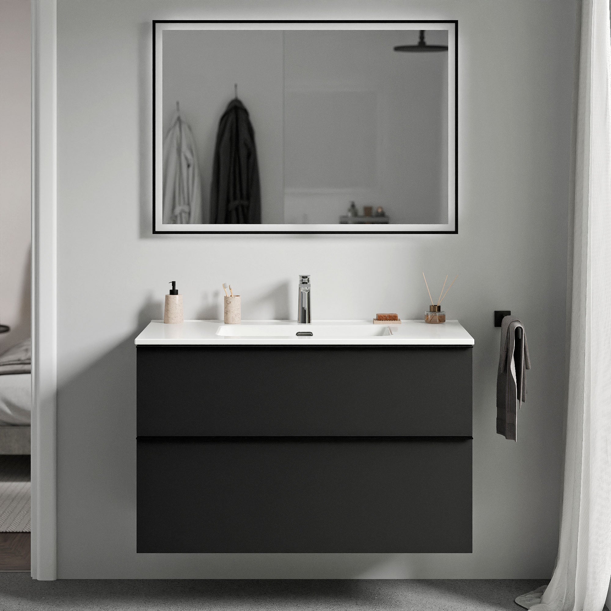 Waschtischunterschrank LAVOA 80 cm Weiß glänzend Schwarz matt