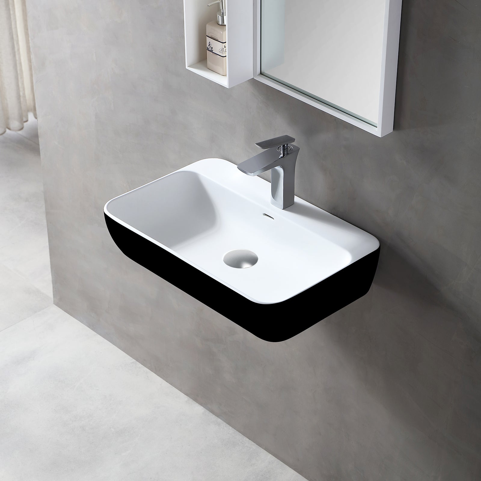 Vasque à poser ou lavabo à suspendre TWG201 en solide surface (Solid Stone) – noir/blanc mat – 60 x 40 x 14 cm