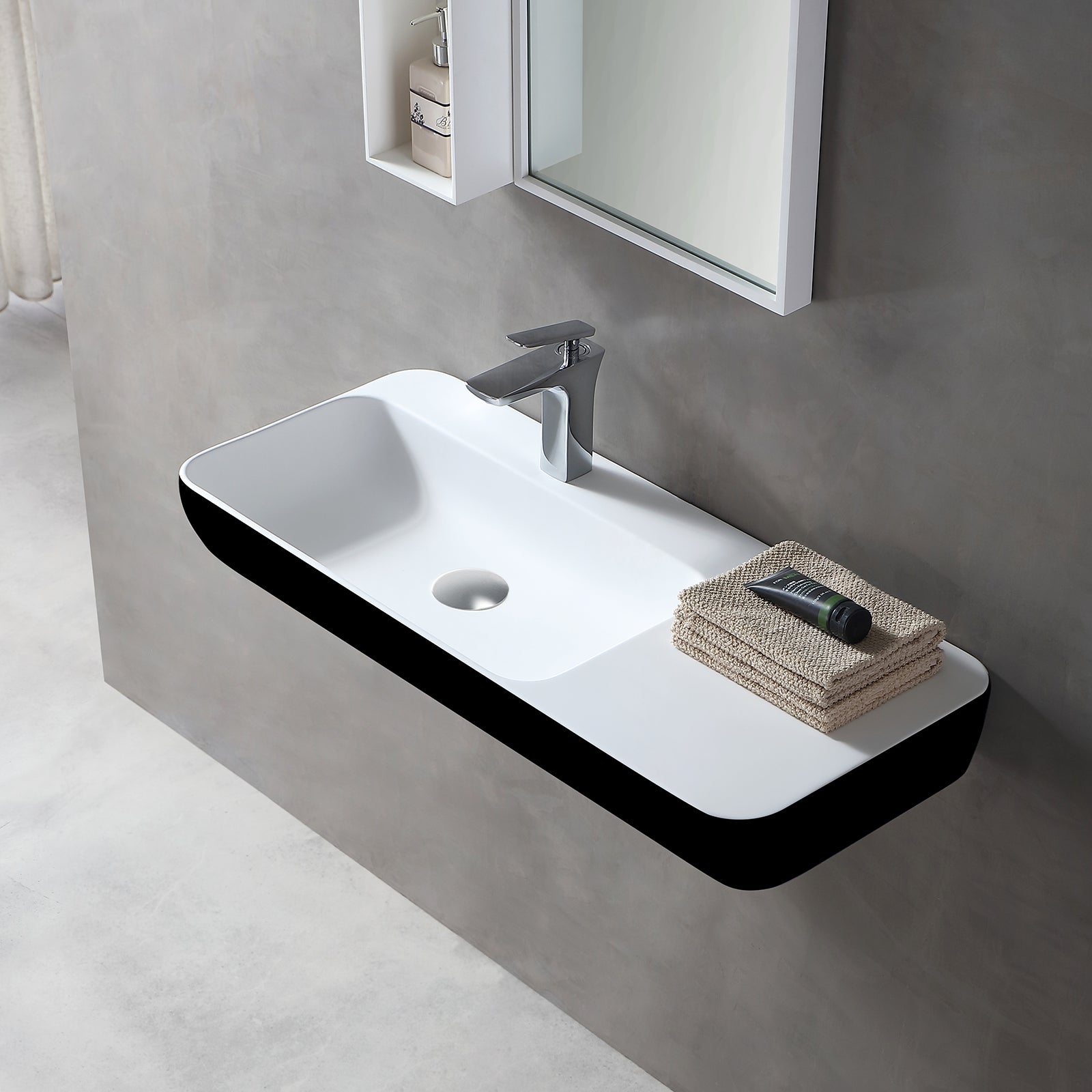 Lavabo mural / vasque à poser TWG202 en solide surface (Solid Stone) - noir/blanc mat - 90x40x12cm