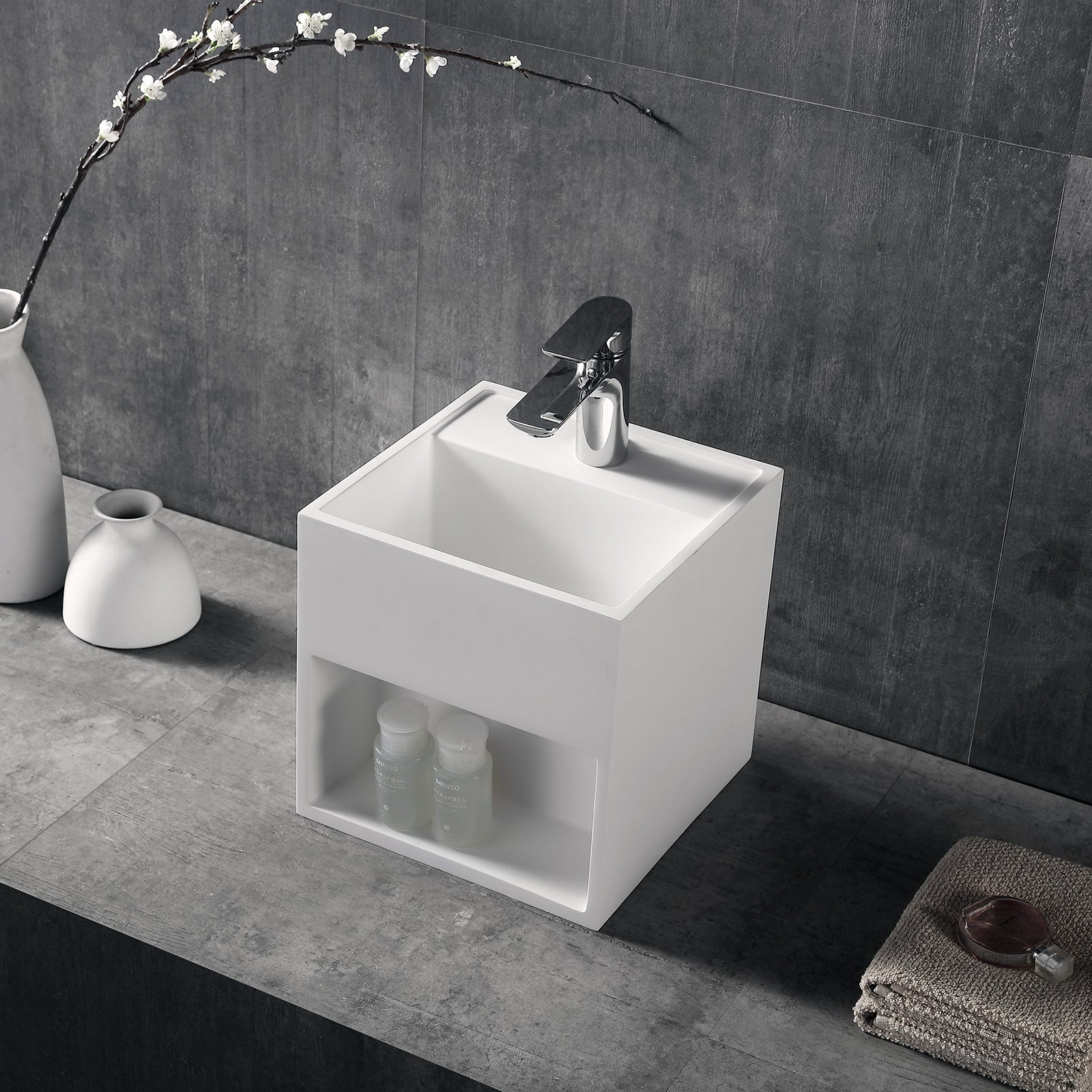 Lavabo sospeso con spazio accessori TWG31 - in pietra solida  - bianco opaco - 30 x 30 x 30 cm