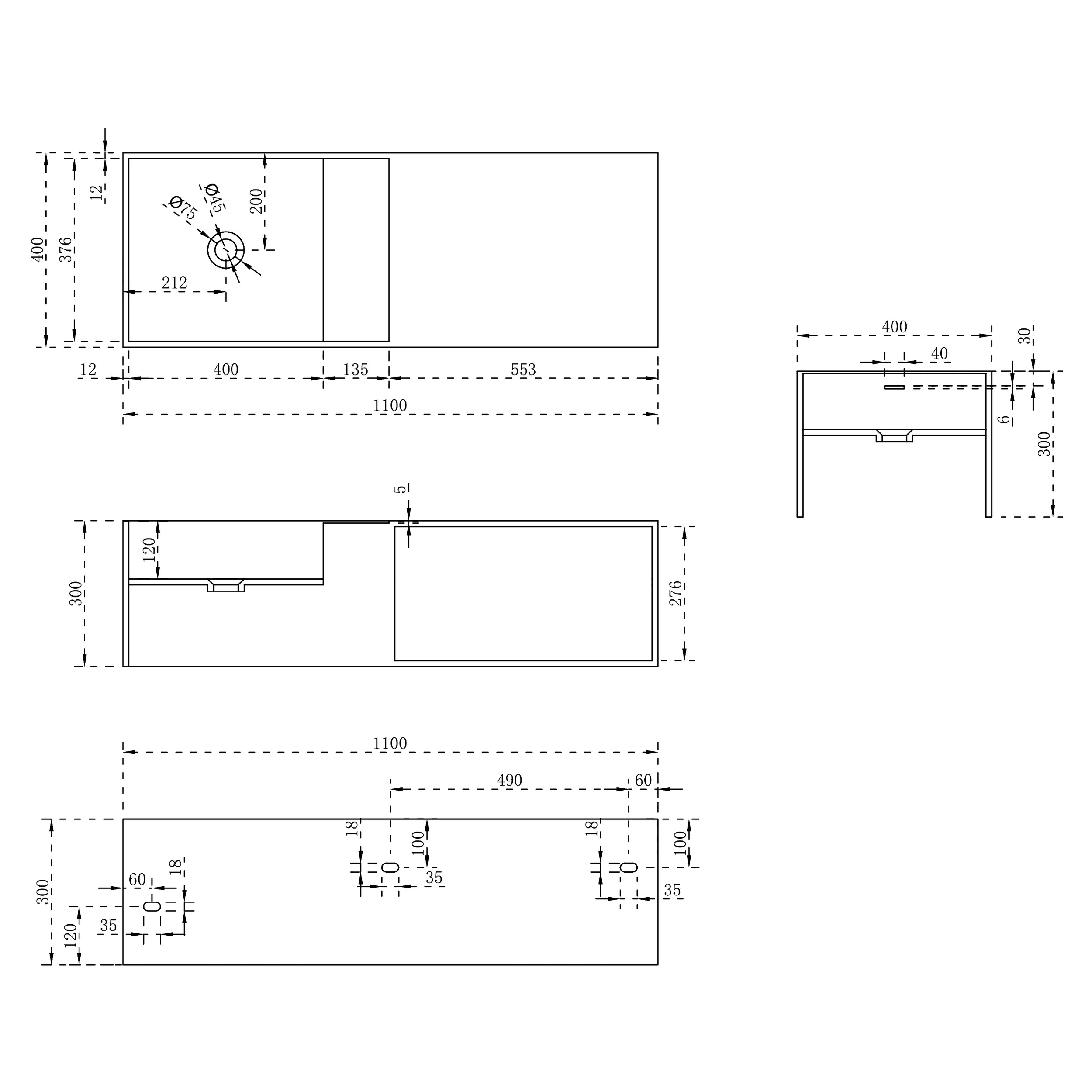 Vasque à poser TWG36 en fonte minérale - 110 x 40 x 30 cm - blanc mat - avec étagère à droite