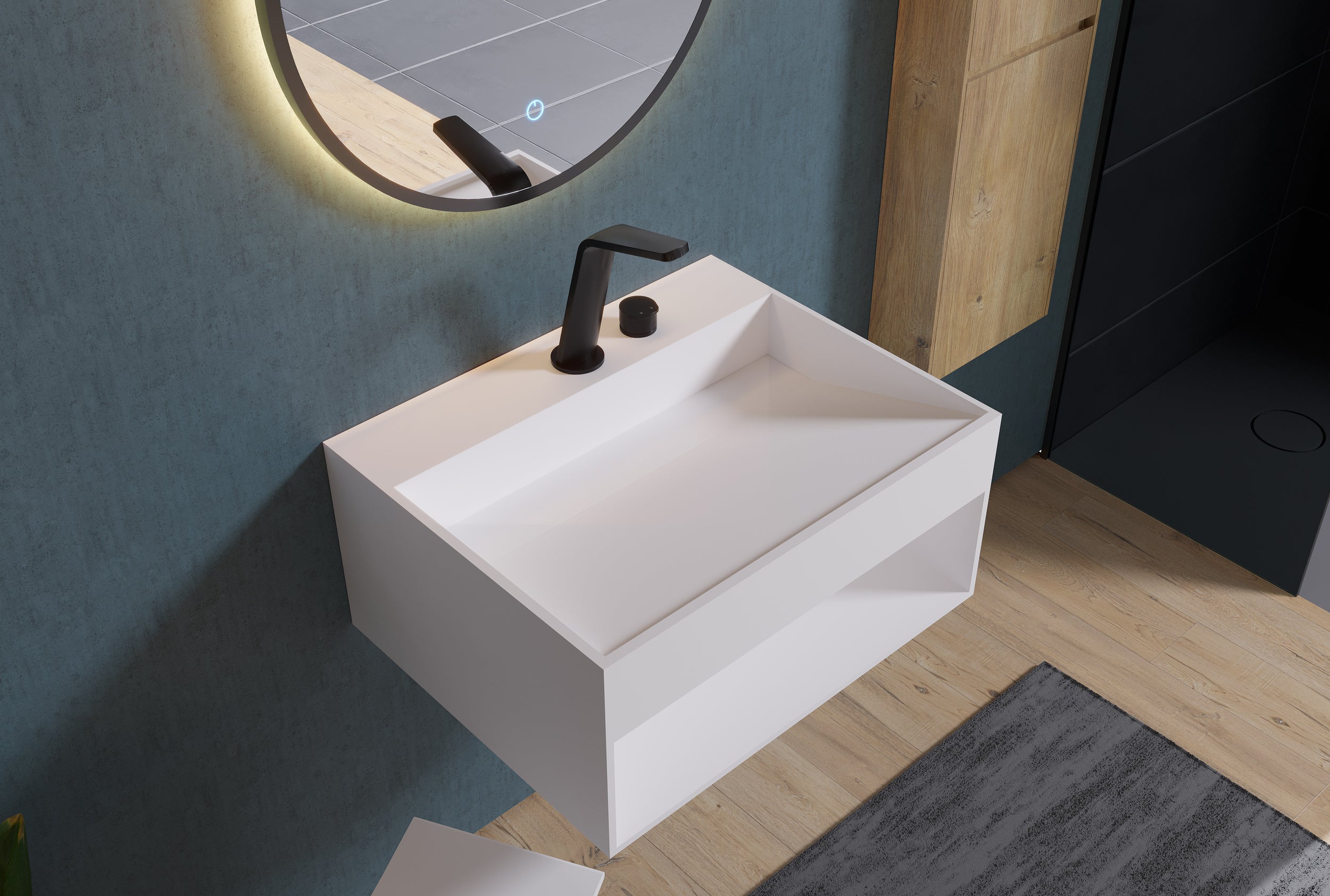 Lavabo sospeso con spazio accessori TWG71 - in pietra solida (Solid Stone) - bianco opaco - larghezza slezionabile