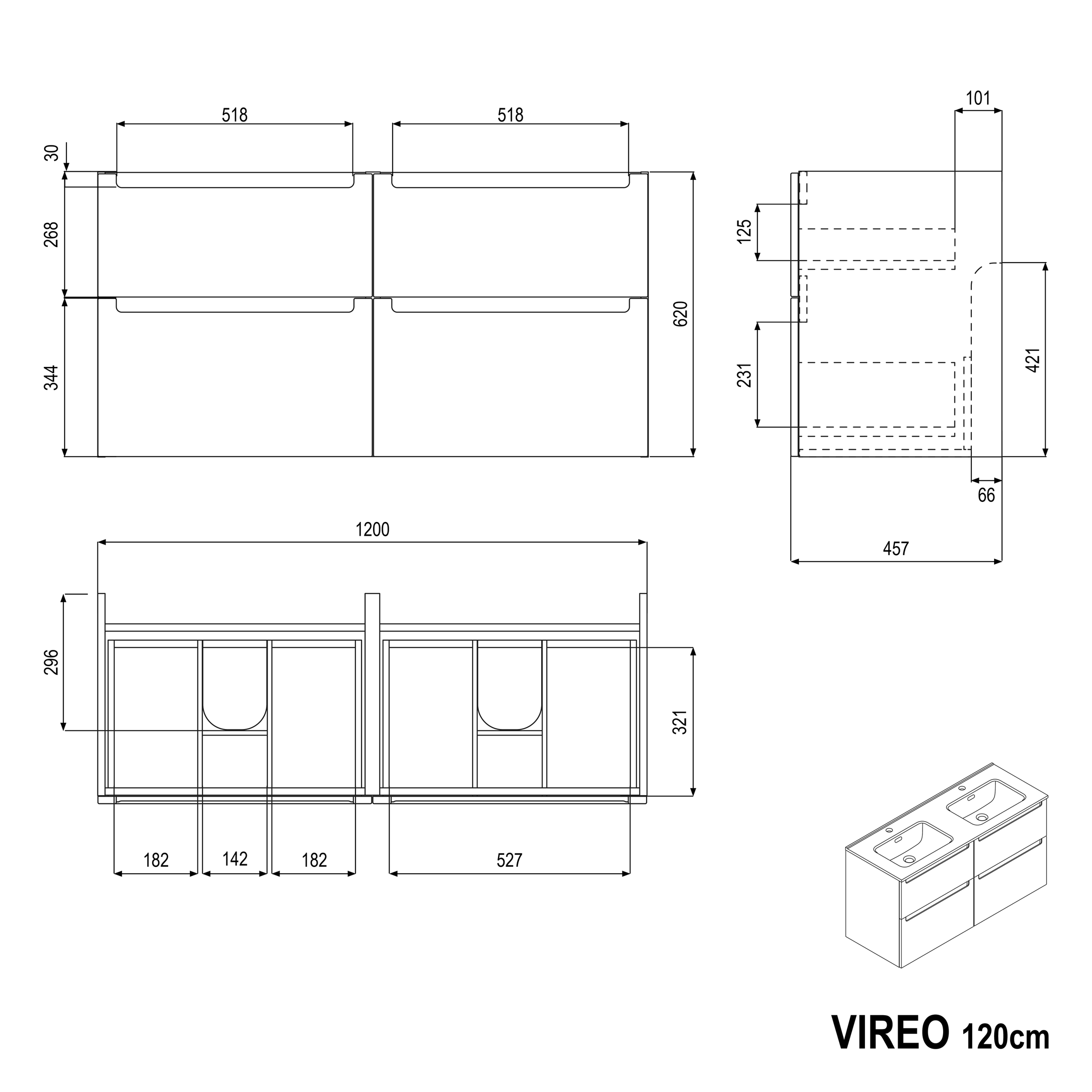 Meuble salle de bain VIREO 120 cm avec vasque noire - couleur au choix