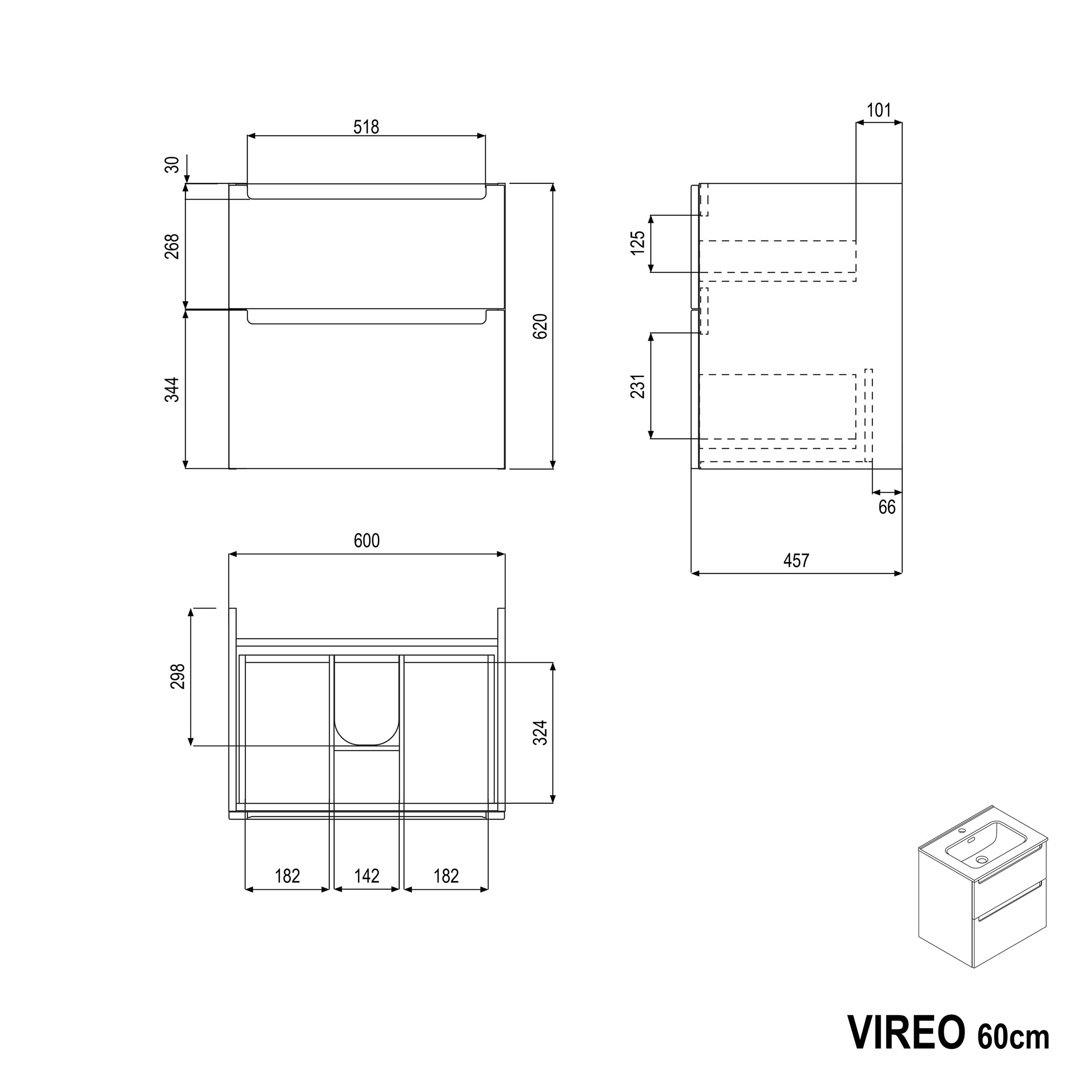 Meuble salle de bain VIREO 60 cm avec vasque blanche - couleur au choix