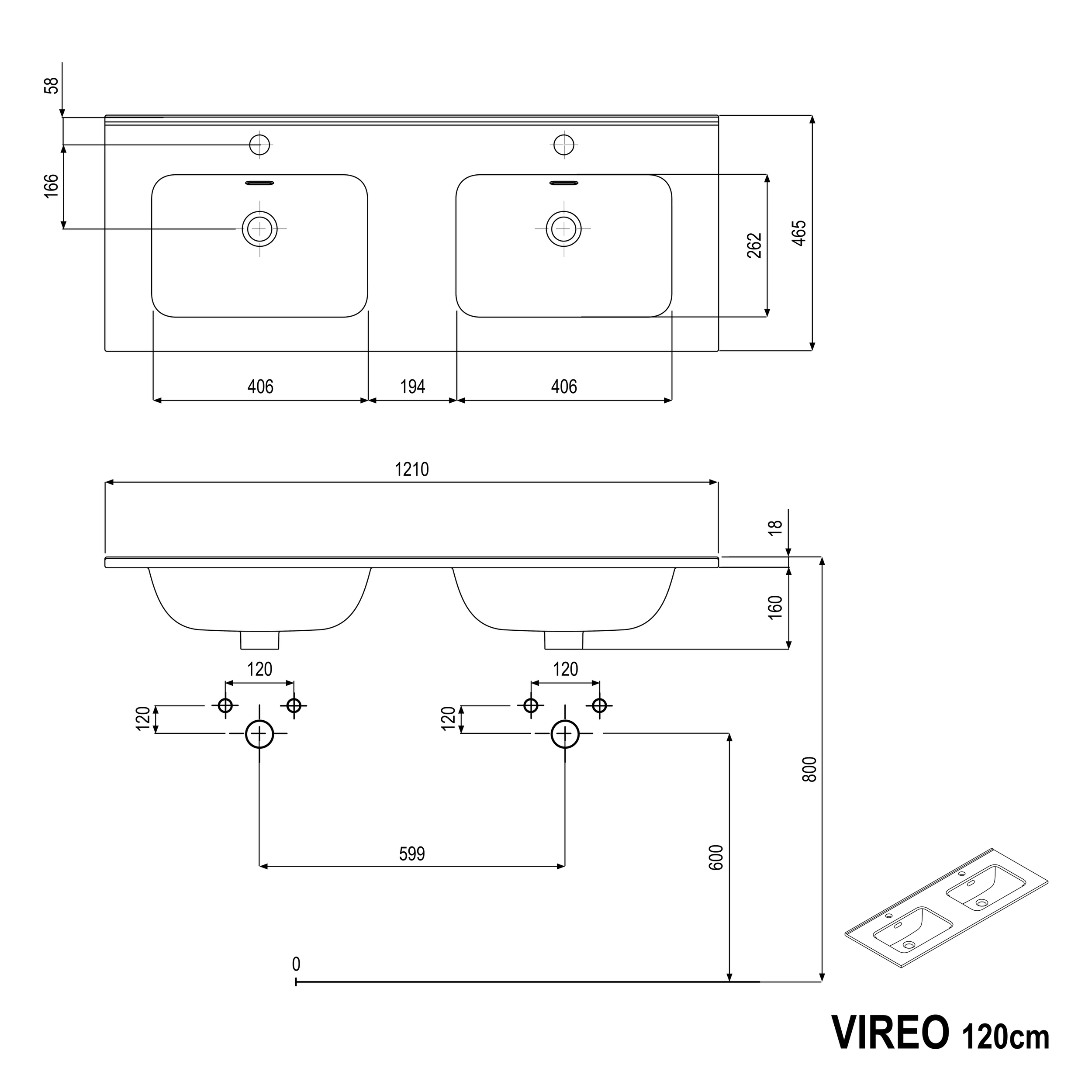 Mobiletto con lavabo bianco VIREO 120 cm - colore selezionabile