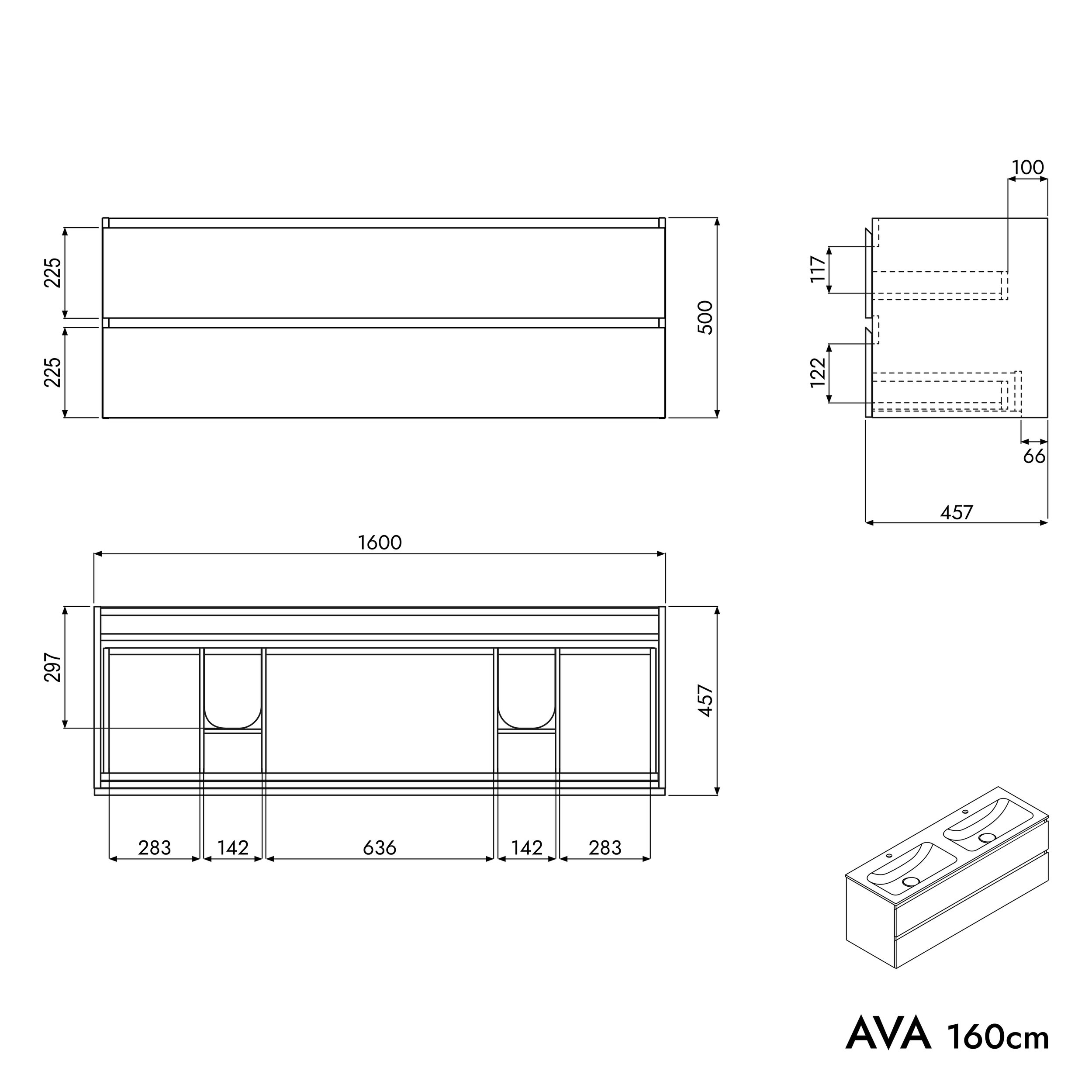 Meuble sous-lavabo AVA 160 cm avec lavabo en fonte minérale CREAM - couleur au choix