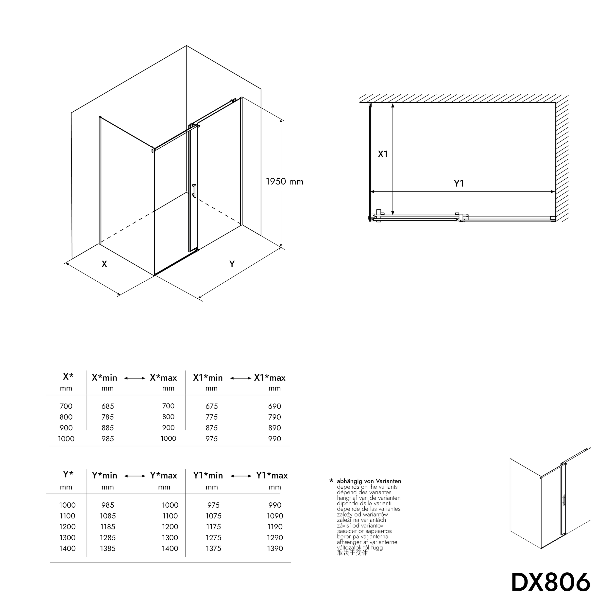 Eckdusche mit Schiebetür DX806A FLEX - Nano ESG-Sicherheitsglas - flexible Montage