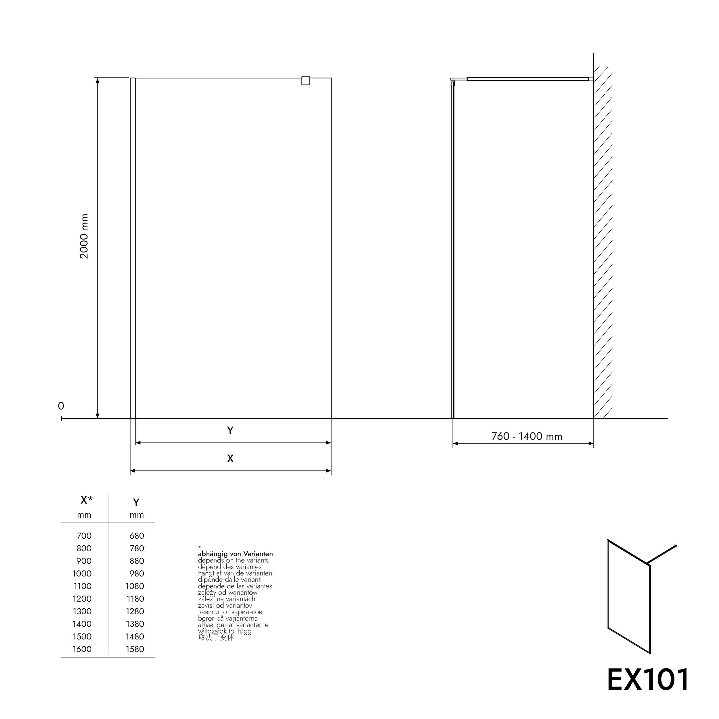 Parete doccia Walk In EX101 vetro temprato satin - 10mm  - larghezza selezionabile