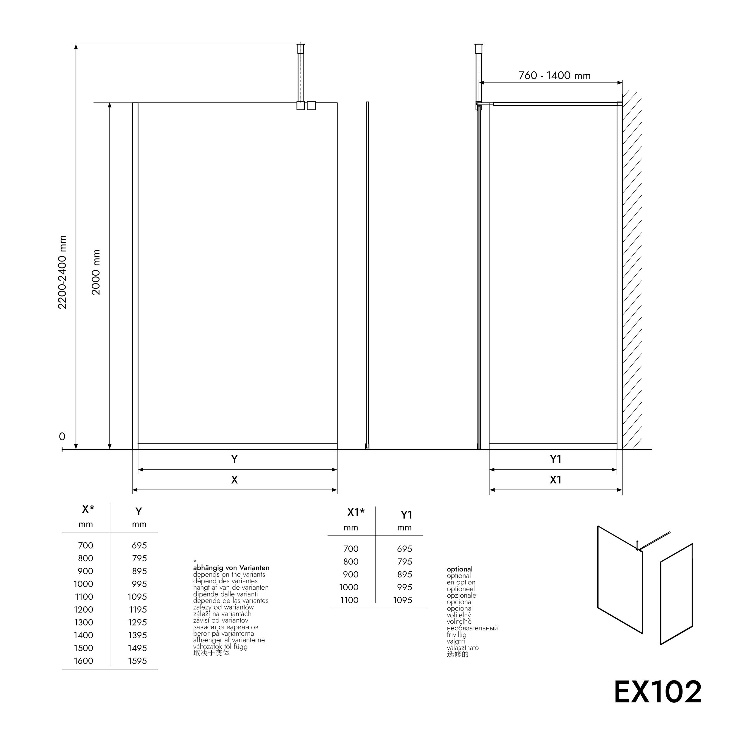 Paroi de douche à l'italienne EX102-2 - hauteur 220cm - Verre nano gris 10 mm - profilé en acier inoxydable chromé -  largeur au choix