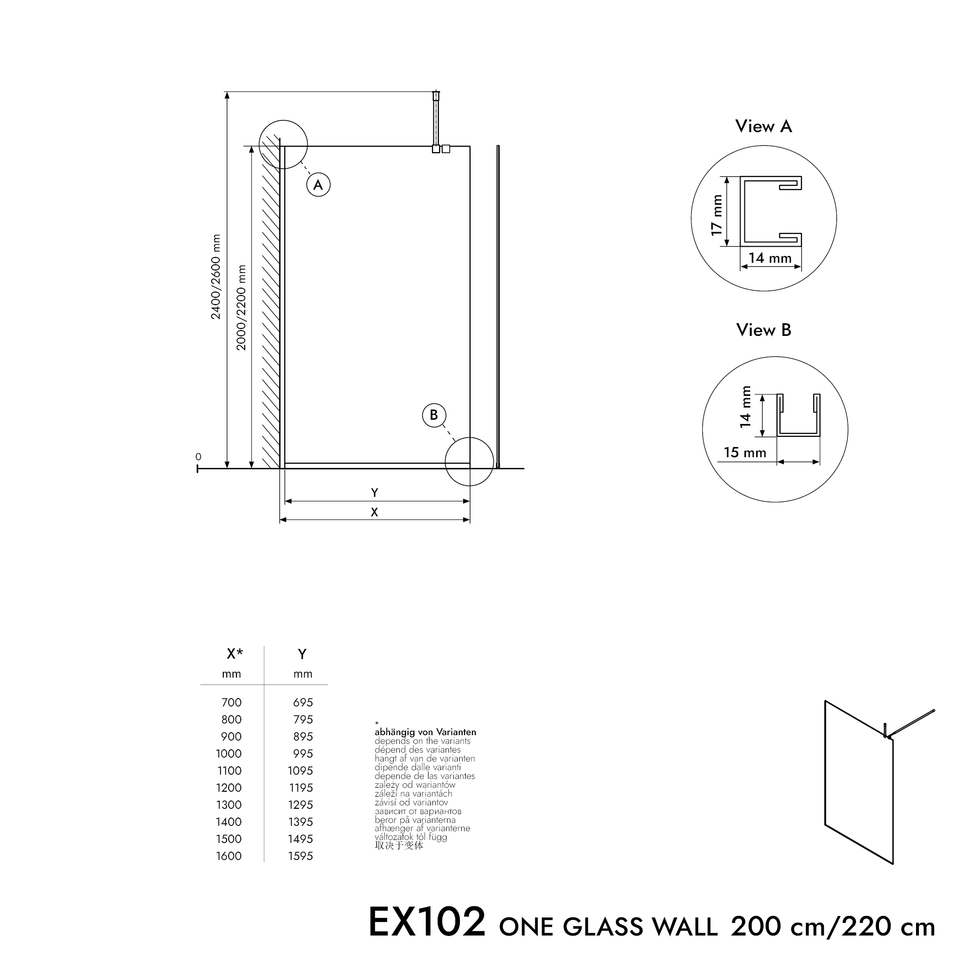 Cabina doccia 10 mm in vetro grigio nano EX102 - 1 parete in vetro con profilo in acciaio inox nero opaco - larghezza selezionabile
