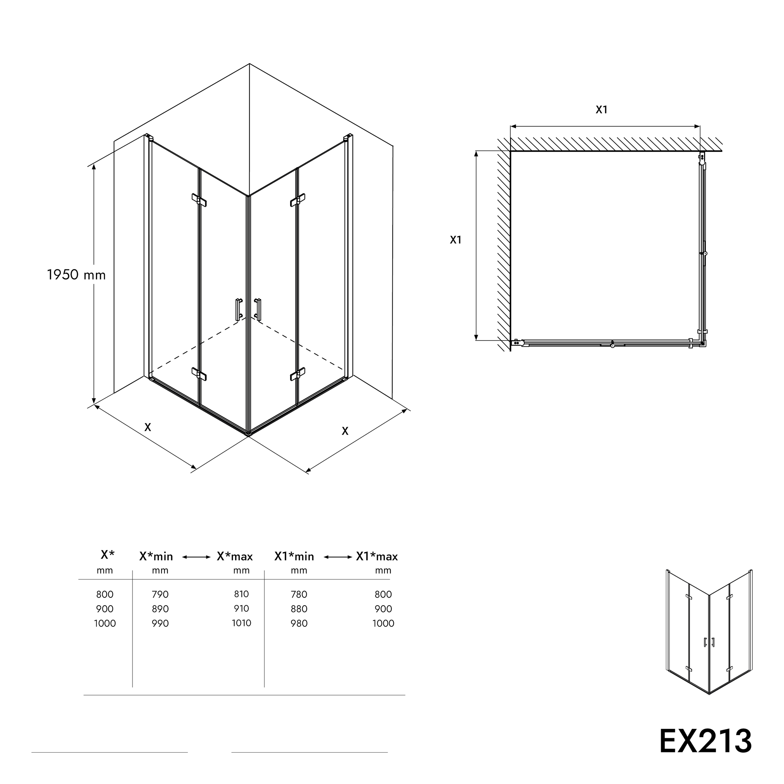 Paroi de douche pliante, en verre NANO, EX213, 90 x 90 x 195cm, sans receveur de douche


