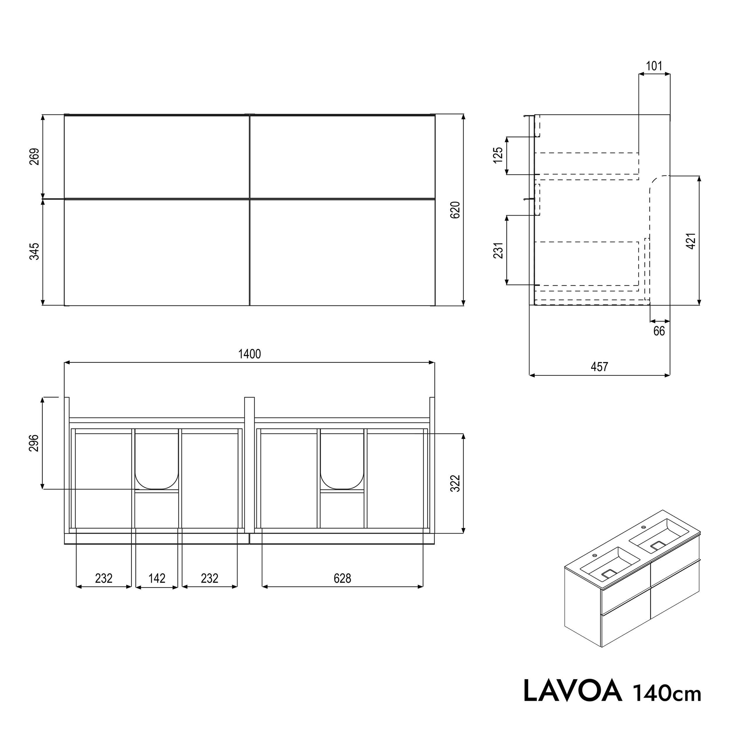 Meuble sous-lavabo LAVOA 140 cm avec lavabo en fonte minérale BRUXELLES - couleur au choix