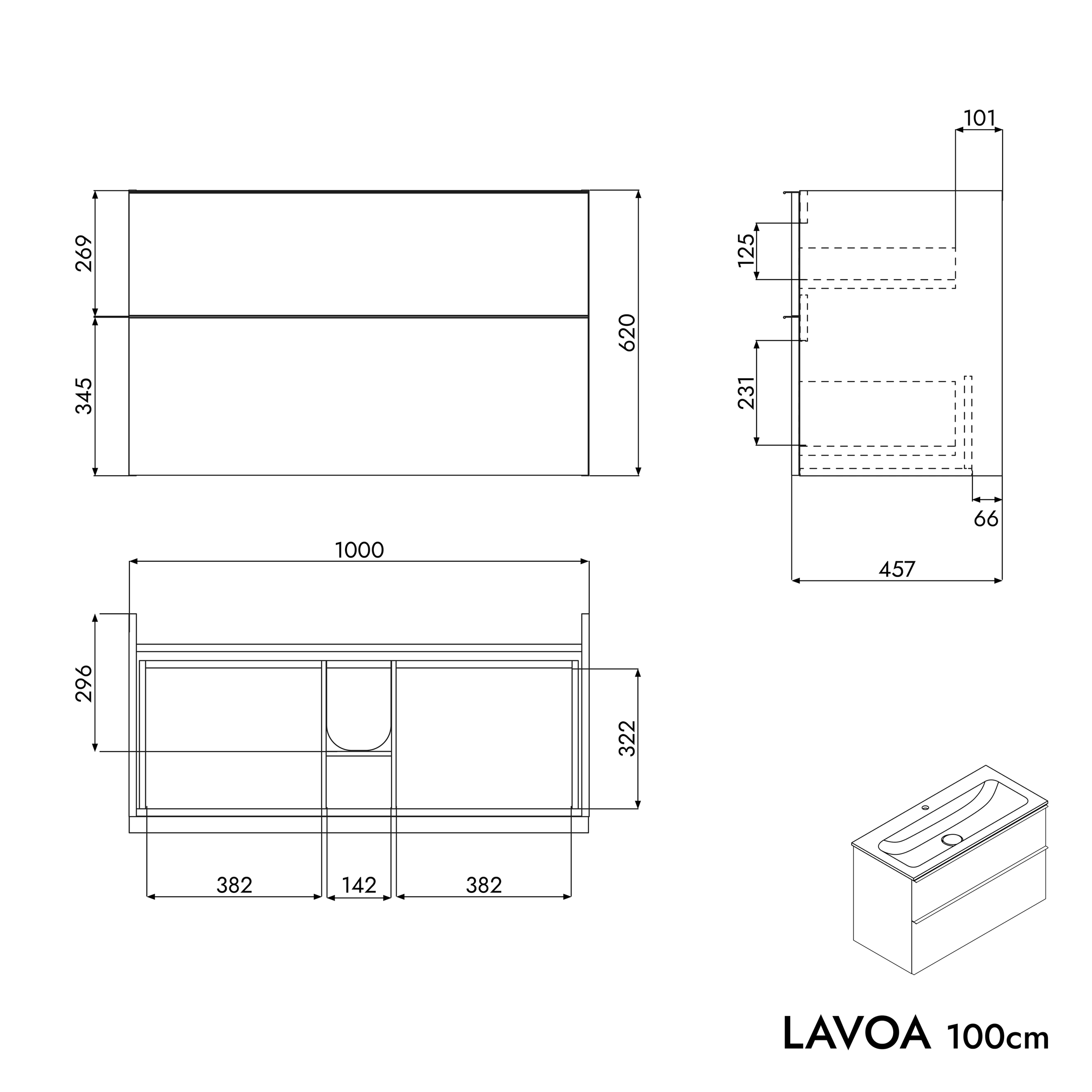 Meuble salle de bain LAVOA 100 cm - avec vasque en fonte minérale CREAM - couleurs au choix