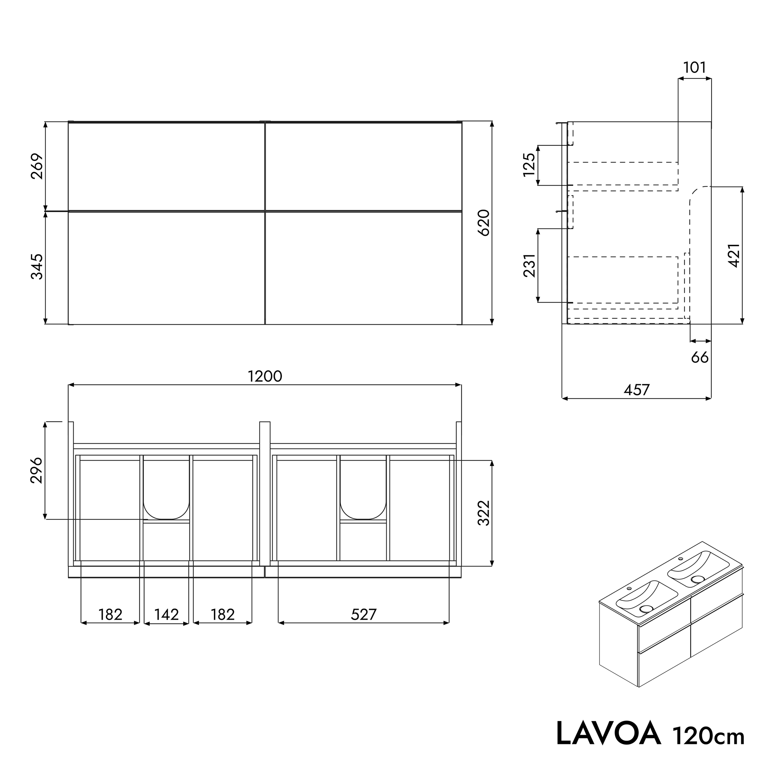 Meuble salle de bain LAVOA 120 cm - avec vasque en fonte minérale CREAM - couleurs au choix