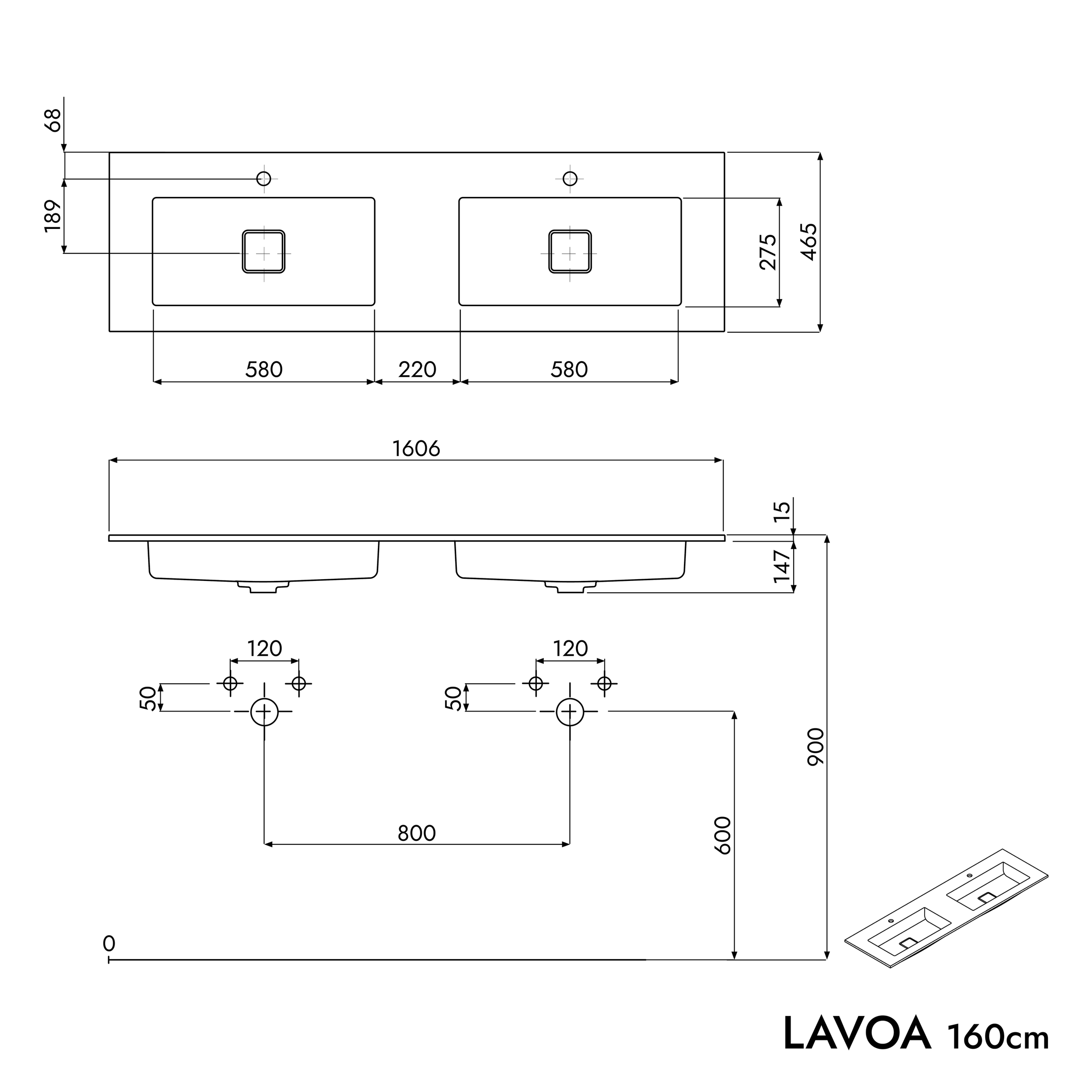 Mobiletto LAVOA 160 cm con lavabo in mineralguss BRUXELLES - colore selezionabile