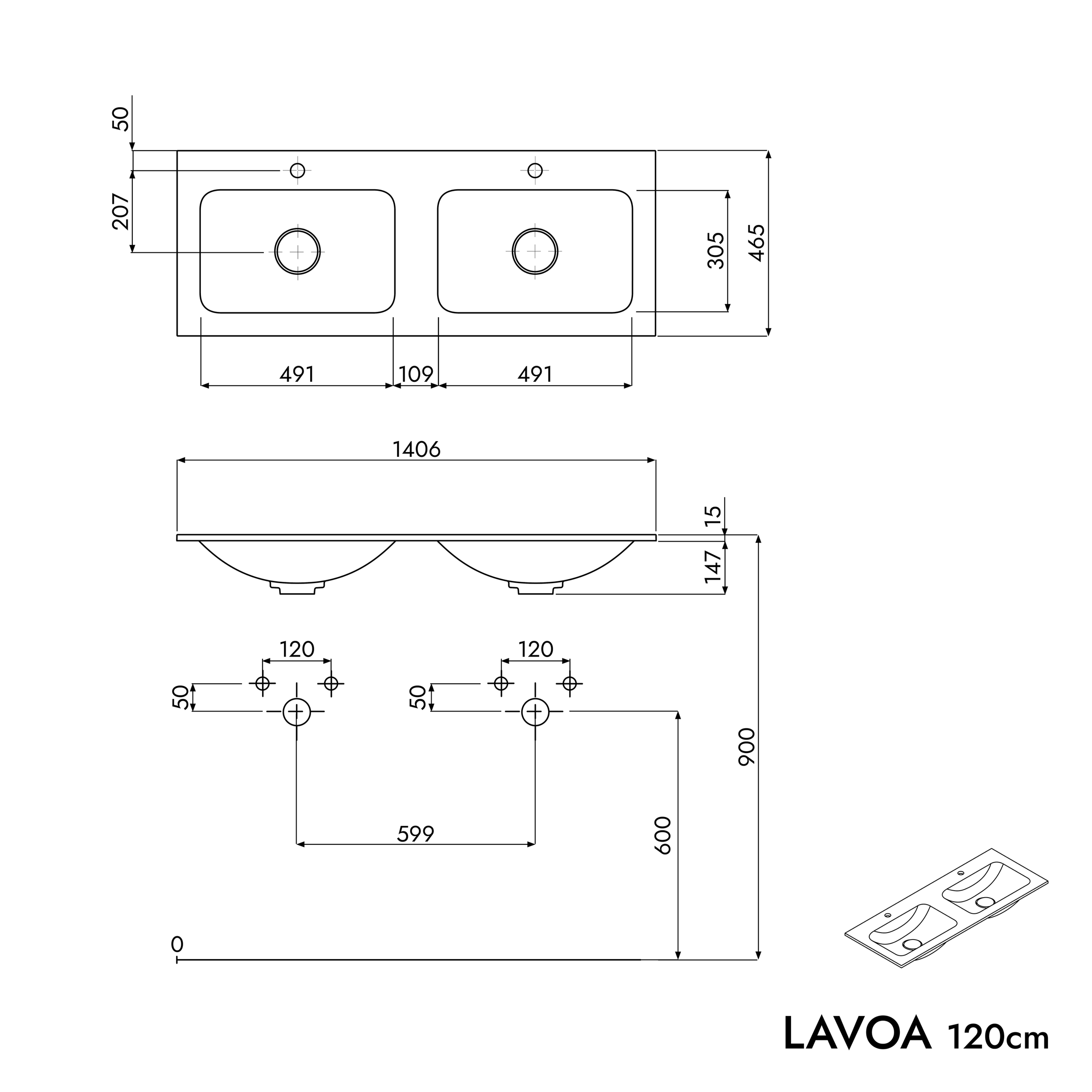 Meuble salle de bain LAVOA 120 cm - avec vasque en fonte minérale CREAM - couleurs au choix