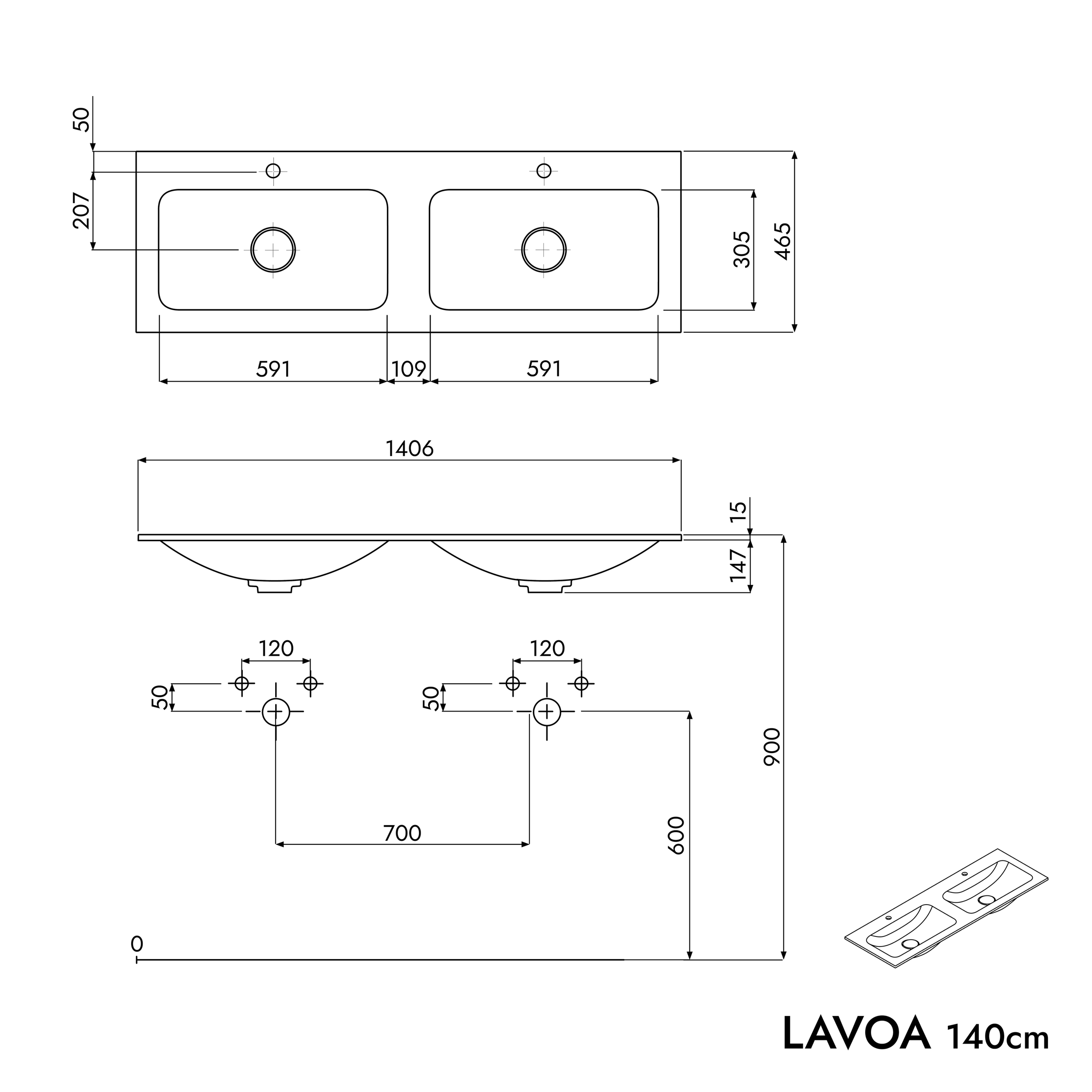 Meuble salle de bain LAVOA 140 cm avec vasque à poser CREAM - couleur au choix