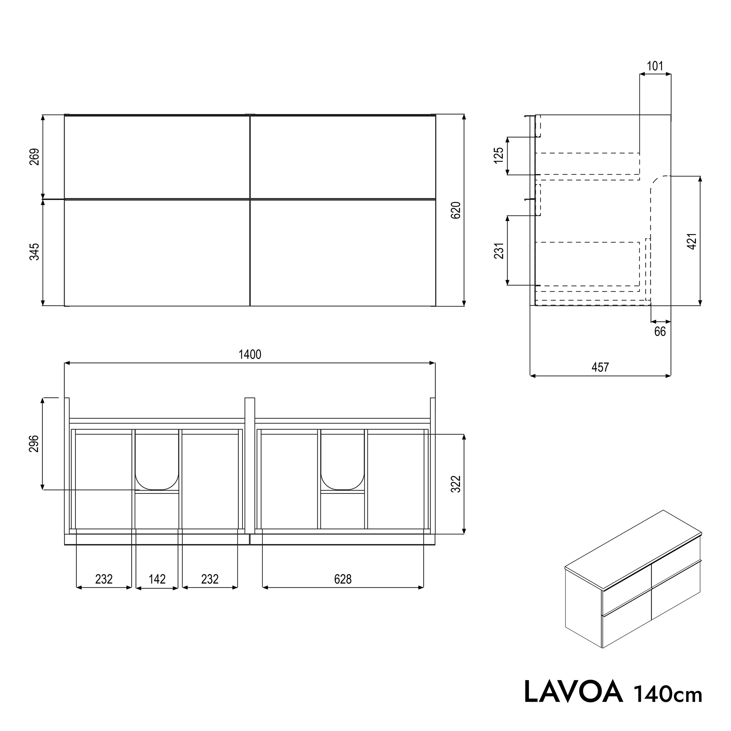 Meuble salle de bains LAVOA 140 cm pour vasque à poser - couleur au choix