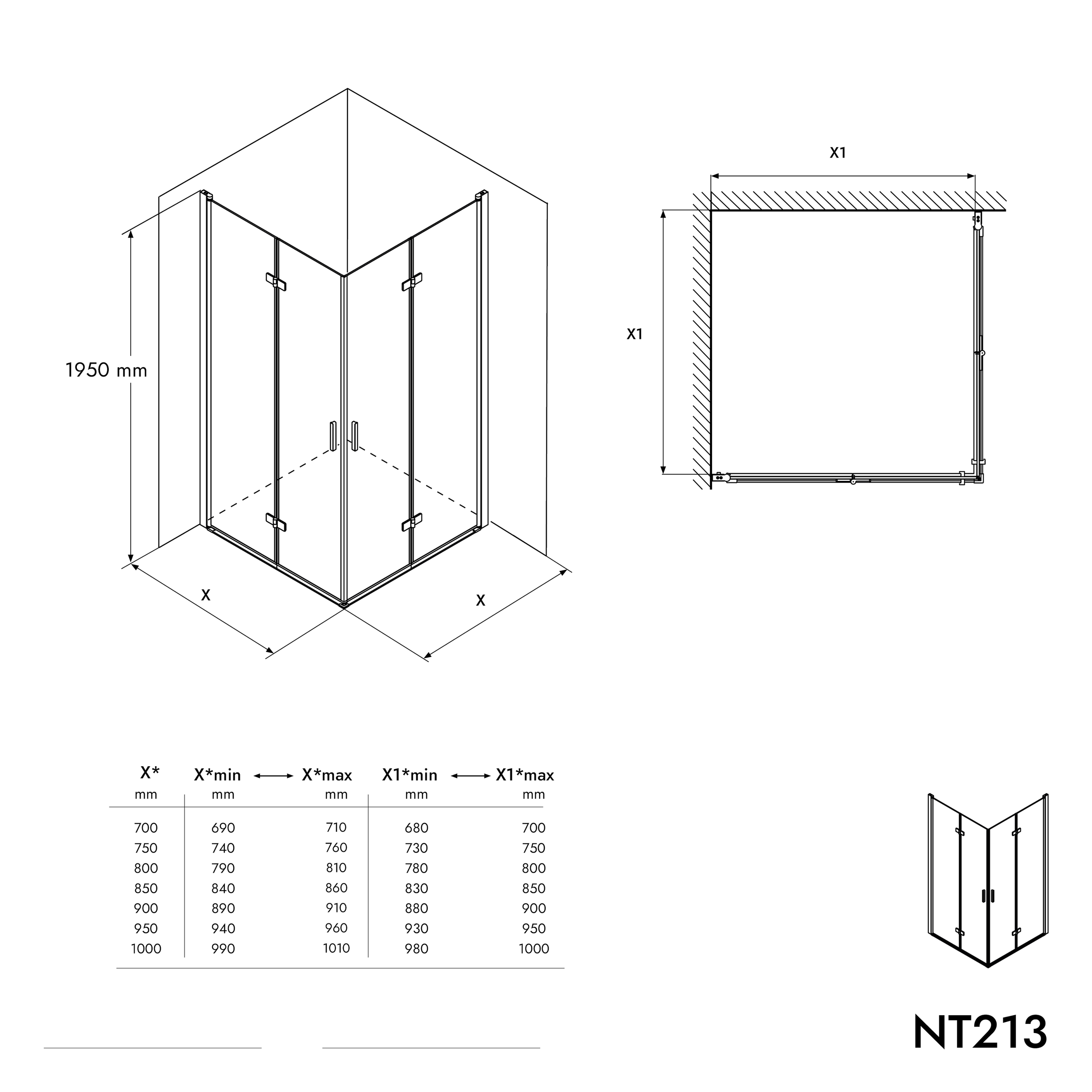 Eckdusche mit Falttür NT213 - 8 mm Nano Klarglas