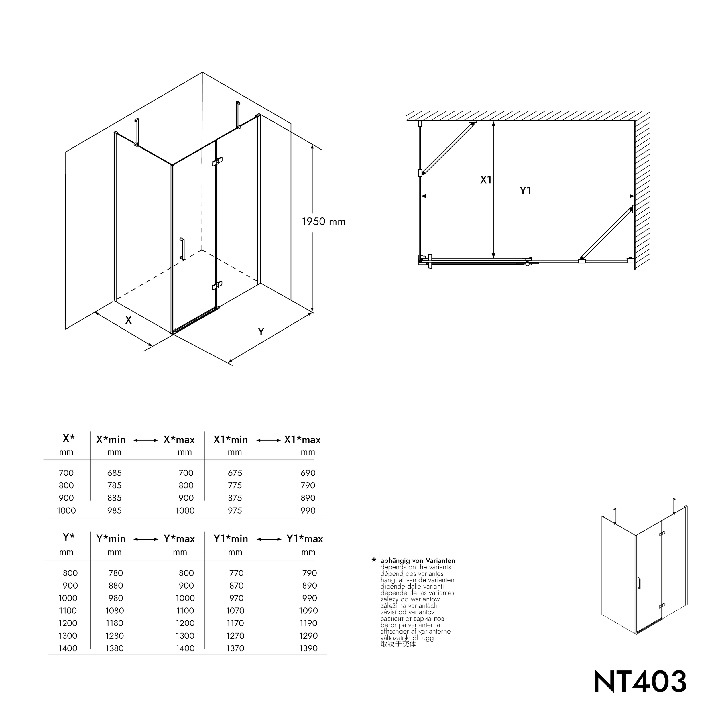 Doccia angolare con porta girevole su pannello fisso NT403 - vetro nano trasparente da 8 mm - cerniera porta DESTRA - larghezza selezionabile