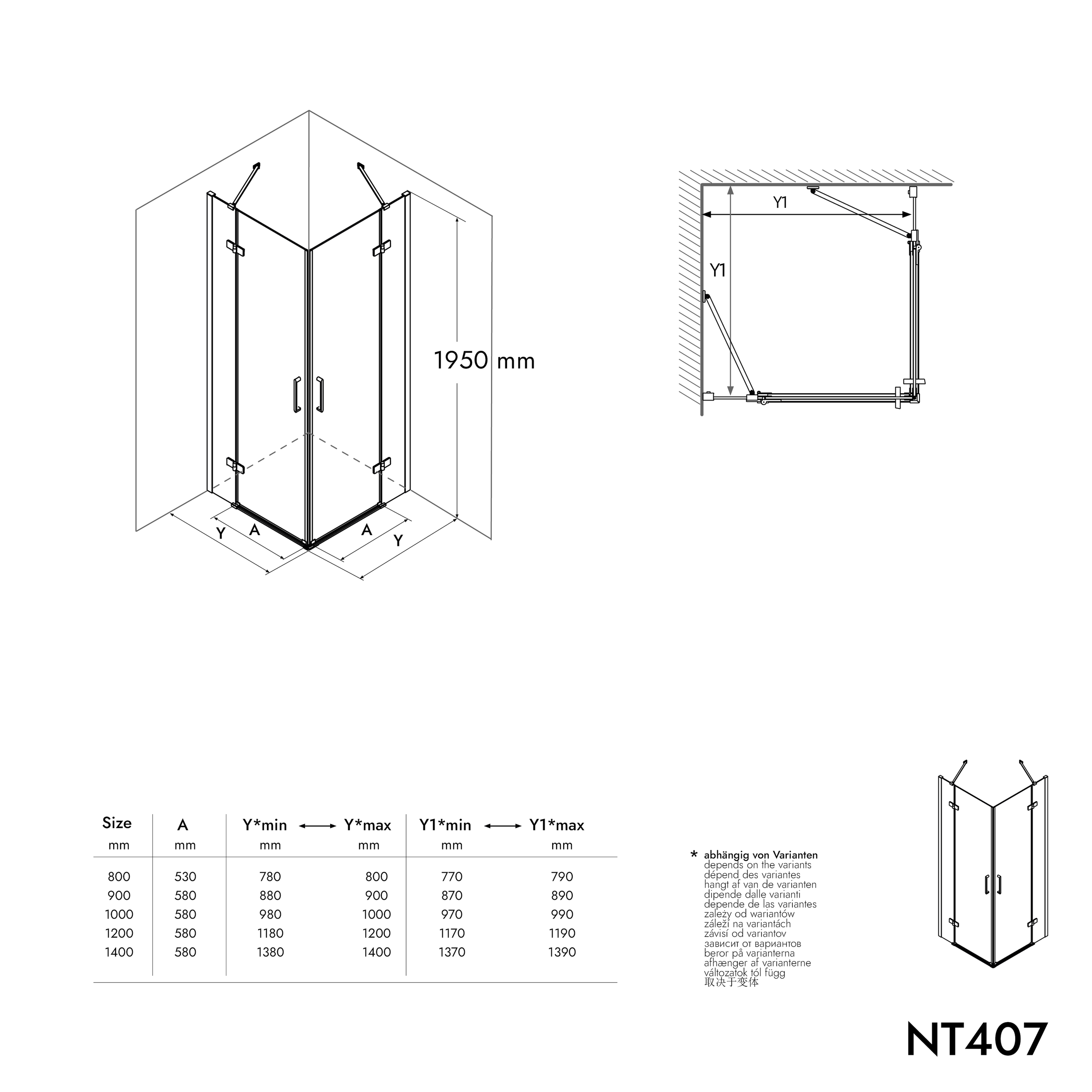 Doccia angolare con due porte a battente su pannello fisso NT407 - vetro nano trasparente da 8 mm - larghezza selezionabile