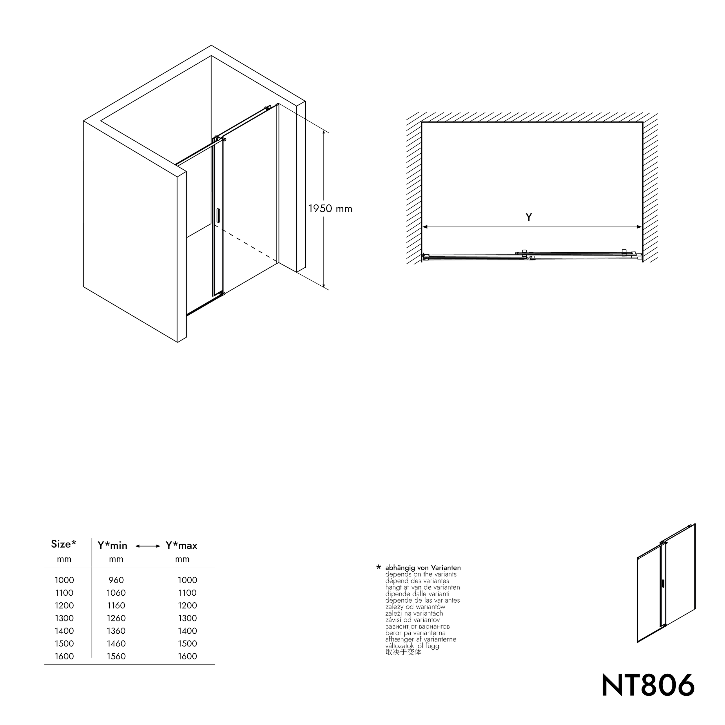 Cabine de douche en niche avec porte coulissante NT806 FLEX - épaisseur au choix