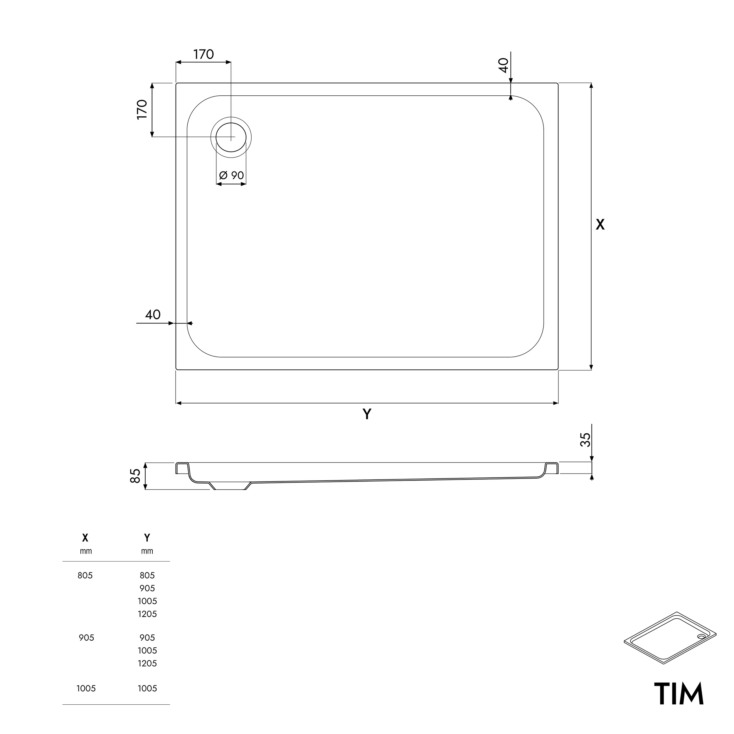 Piatto doccia in acrilico TIM - Bianco lucido - Dimensioni selezionabili
