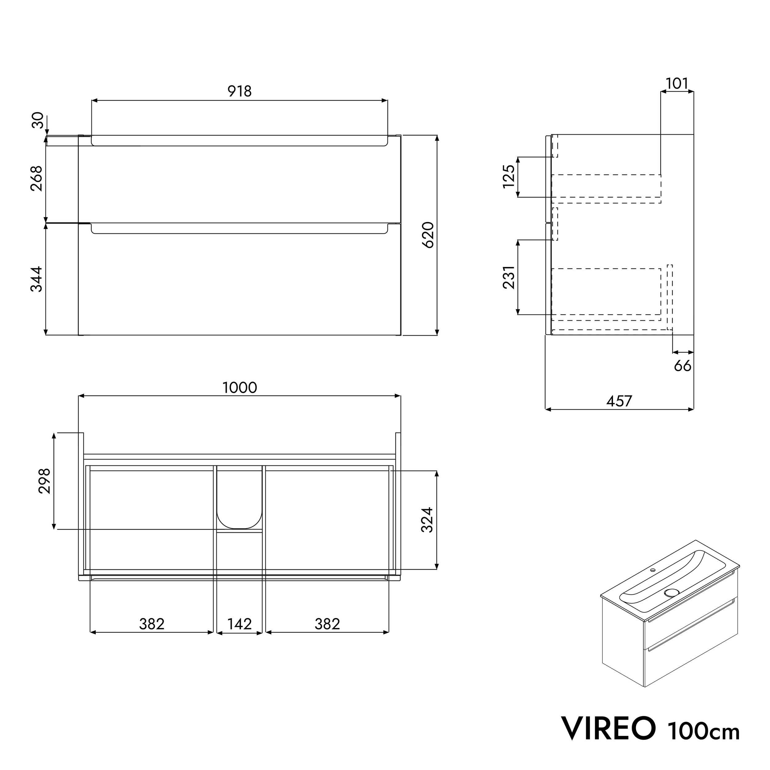 Meuble salle de bain VIREO 100 cm - avec vasque en fonte minérale CREAM - couleur au choix