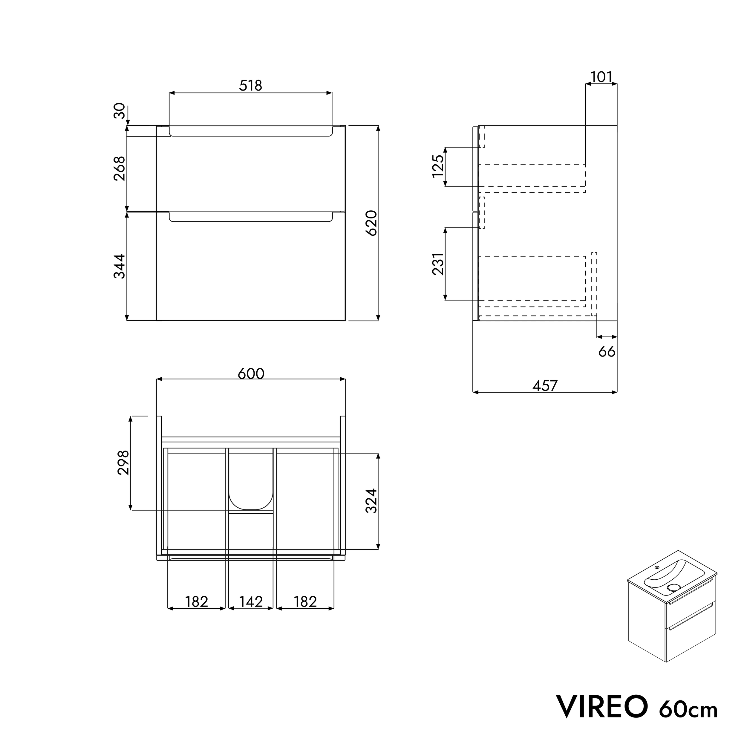 Mobiletto VIREO 60 cm con lavabo Mineralguss CREAM - colore selezionabile