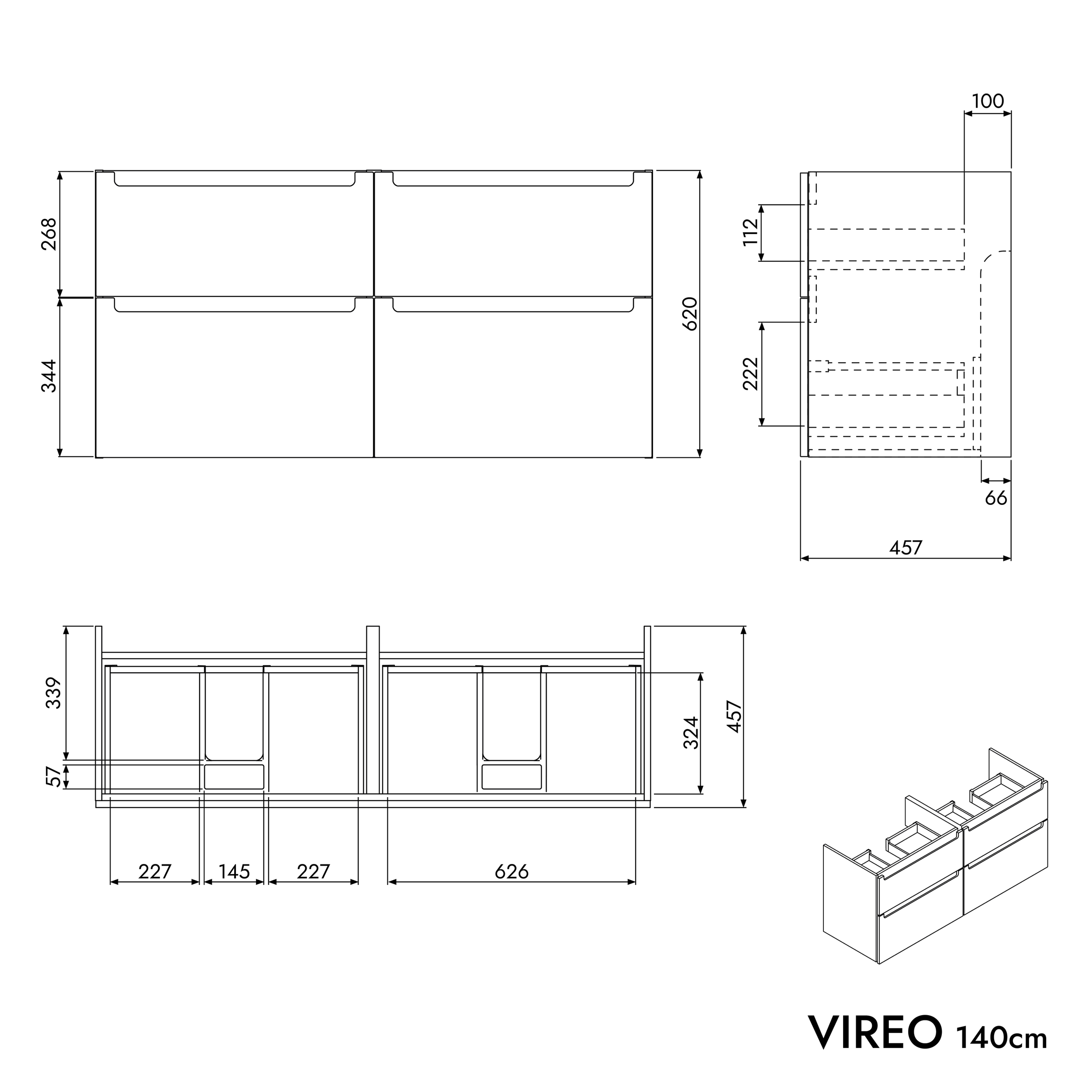 Meuble salle de bain VIREO 140 cm pour vasque à poser - couleurs au choix