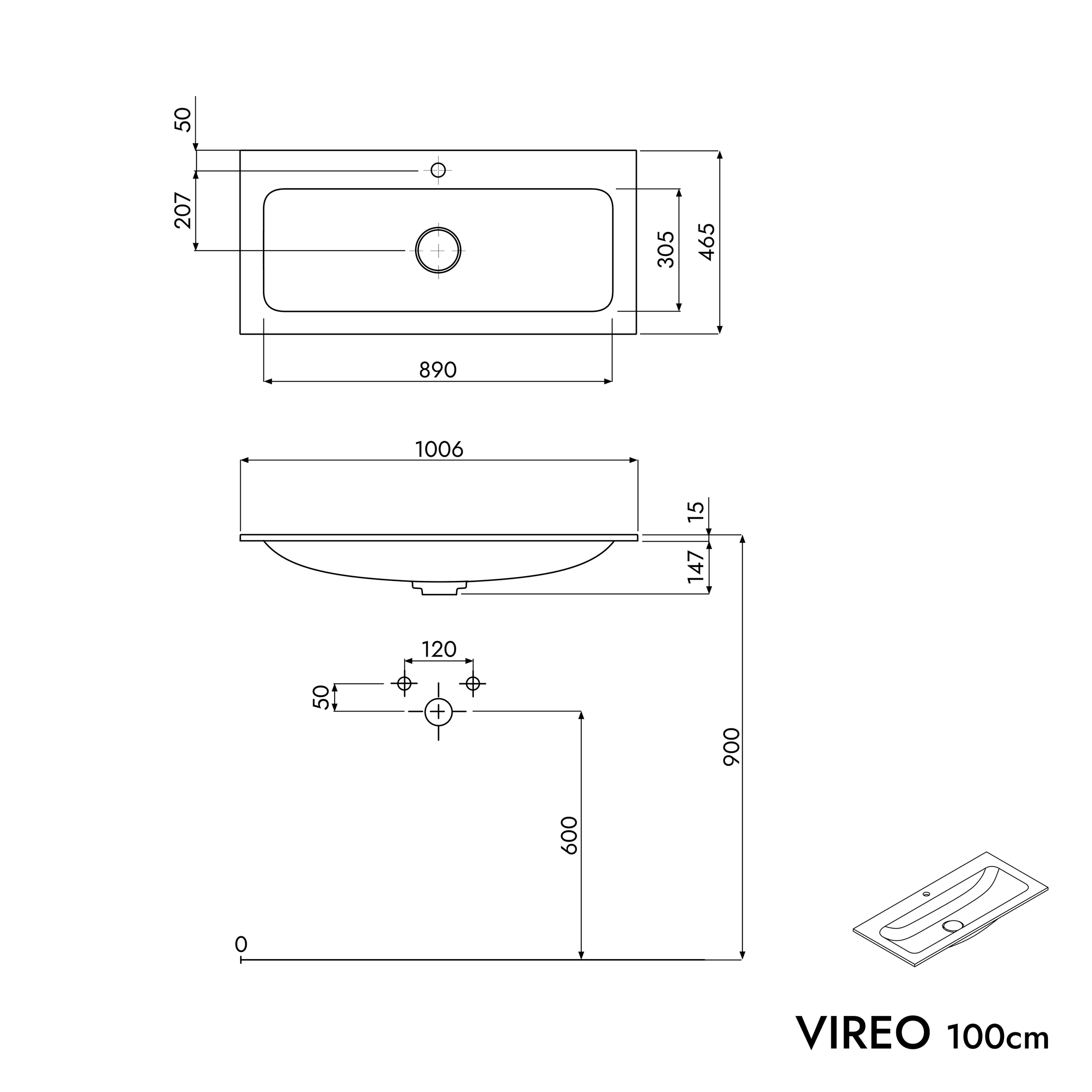 Meuble salle de bain VIREO 100 cm - avec vasque en fonte minérale CREAM - couleur au choix