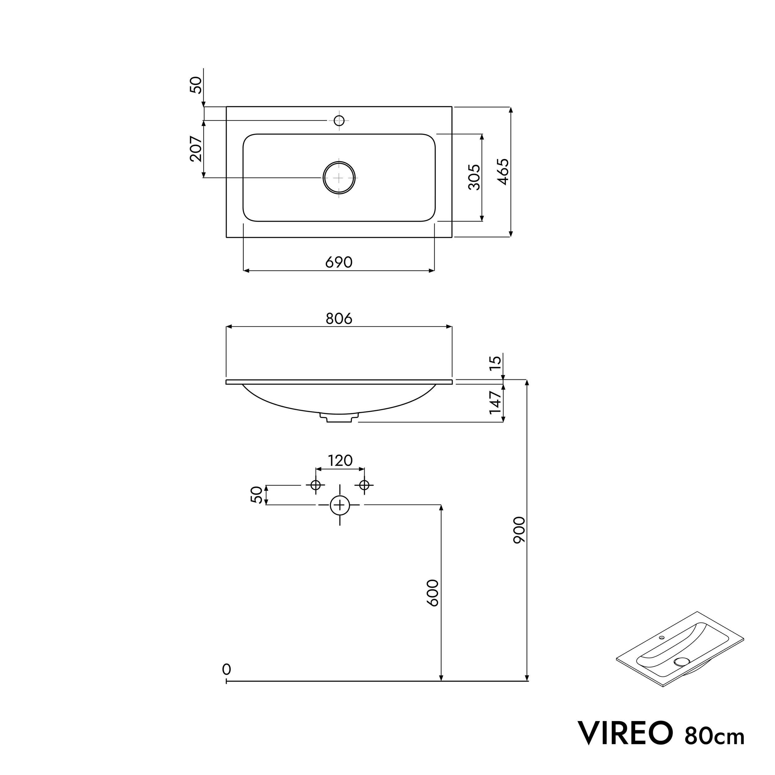 Meuble salle de bain VIREO 80 cm - avec vasque en fonte minérale CREAM - couleur au choix