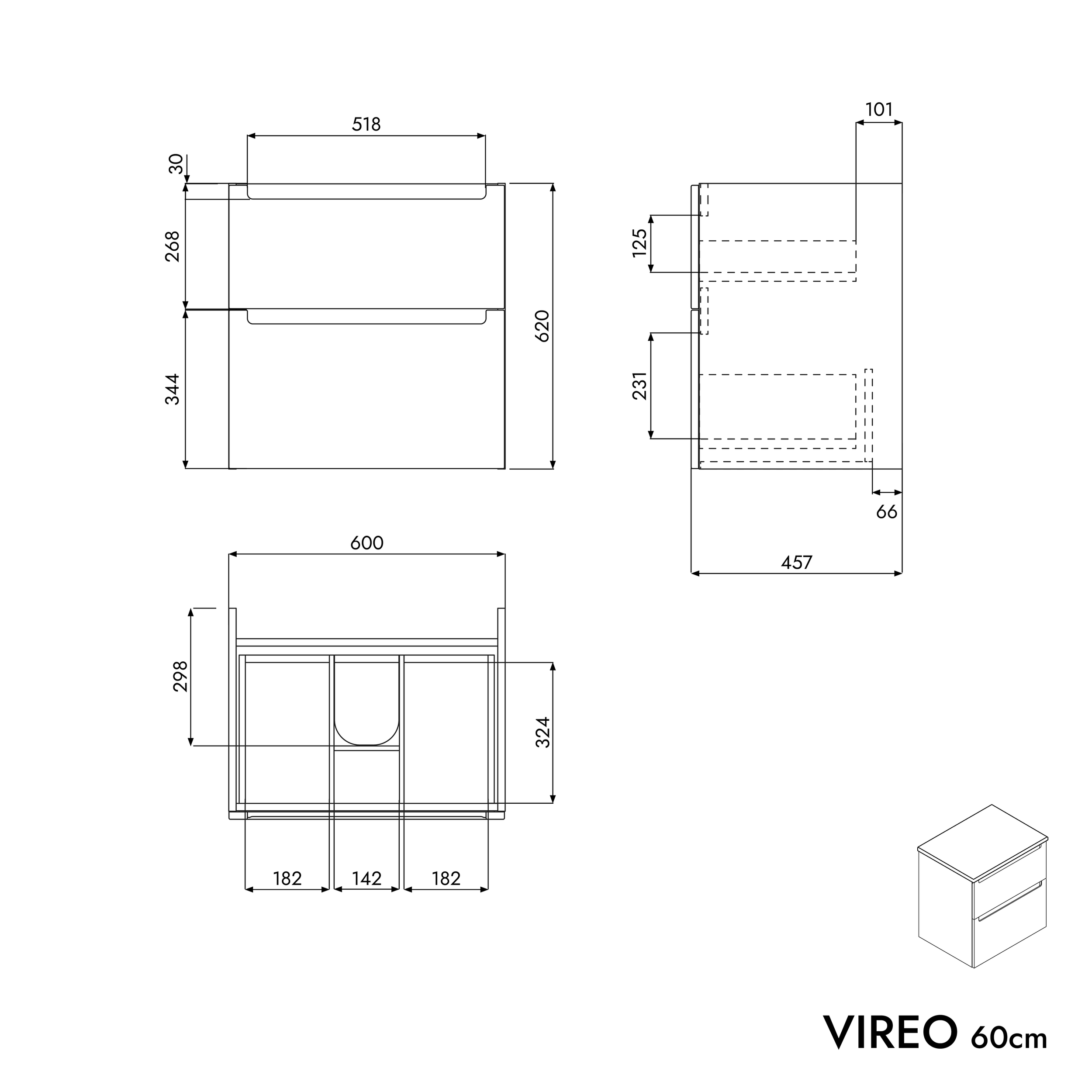 Meuble salle de bain VIREO 60 cm pour vasque à poser - couleur au choix