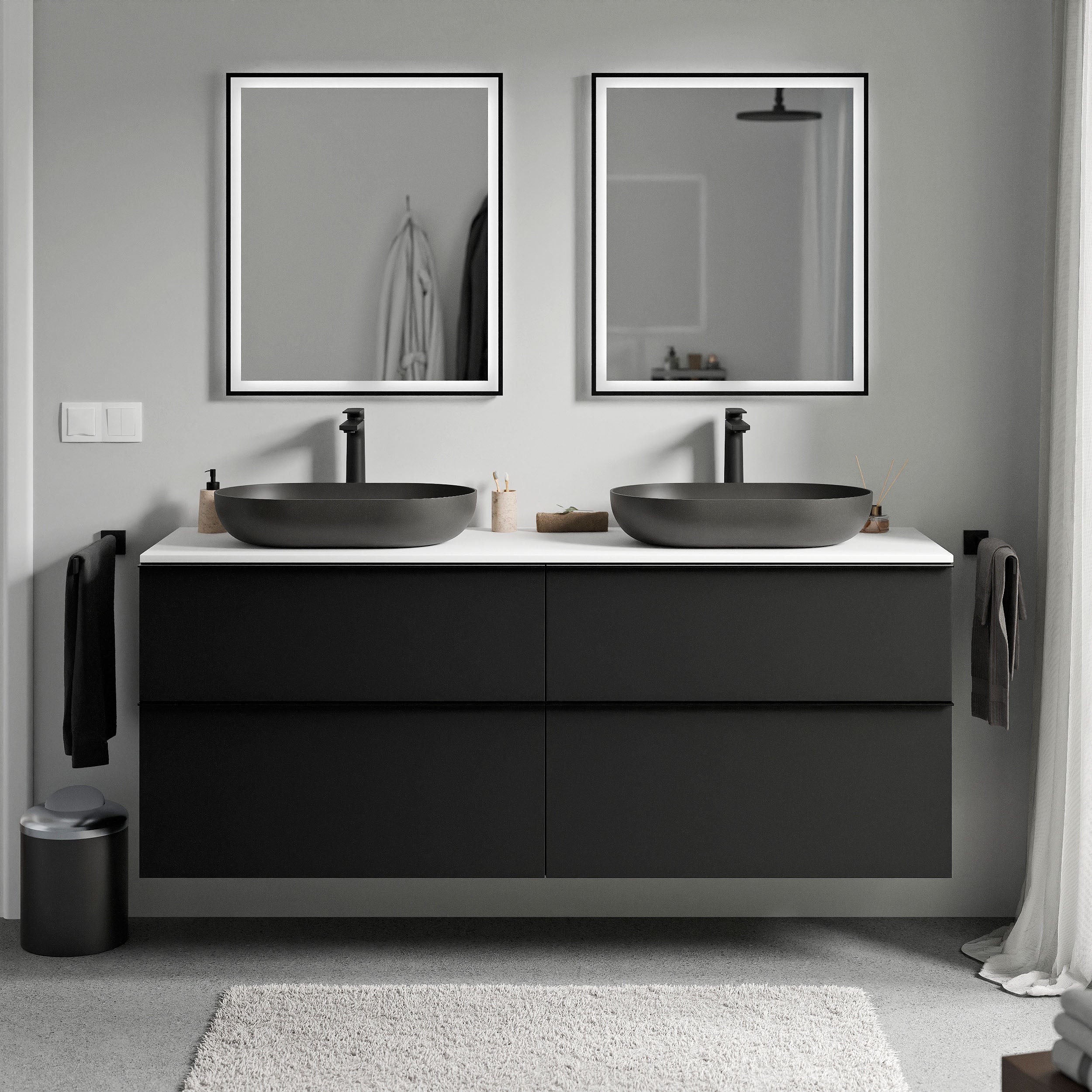 Badmöbel Unterschrank LAVOA 160 cm Schwarz matt Weiß matt