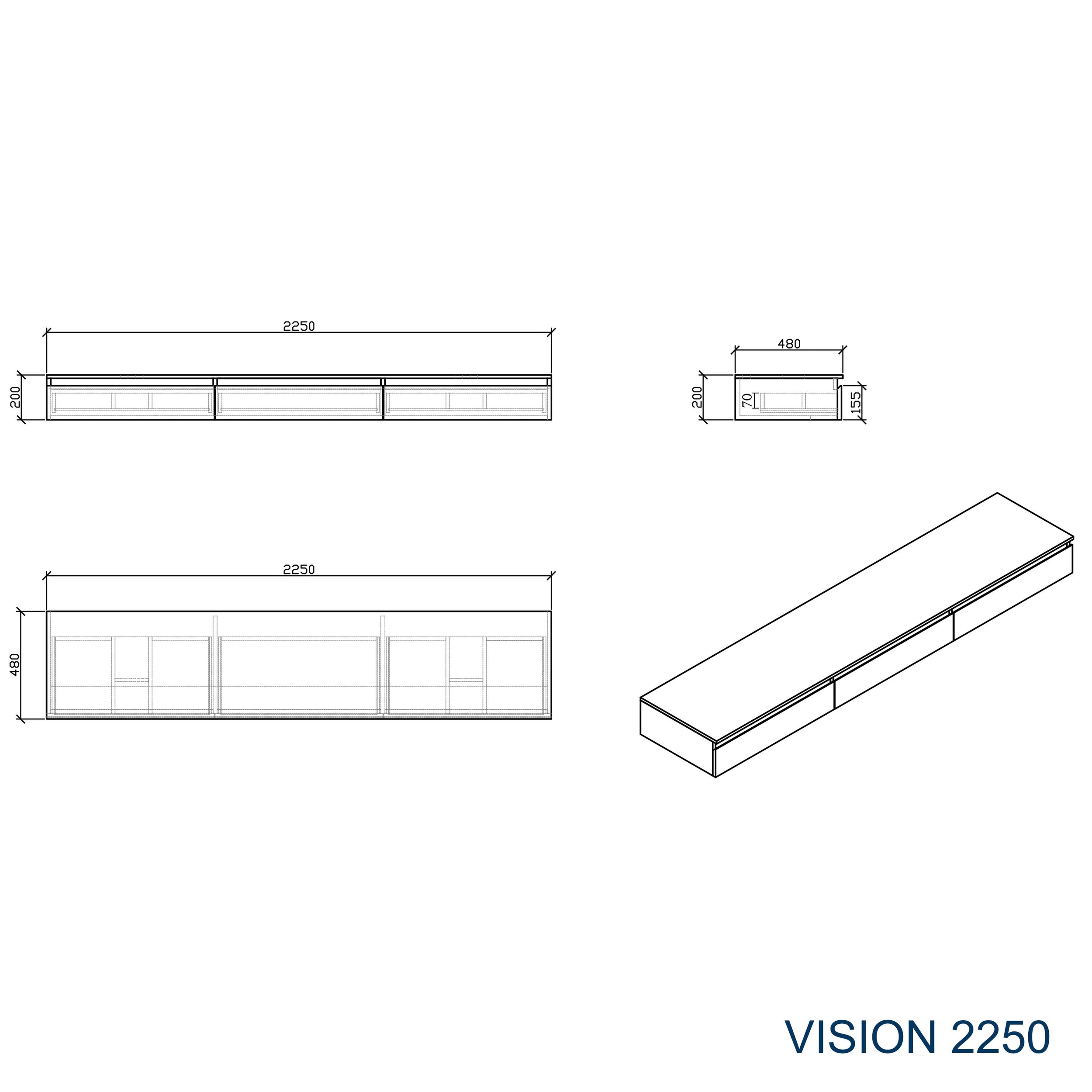 Meuble de salle de bains Vision 2250 Blanc mat pour lavabo à poser