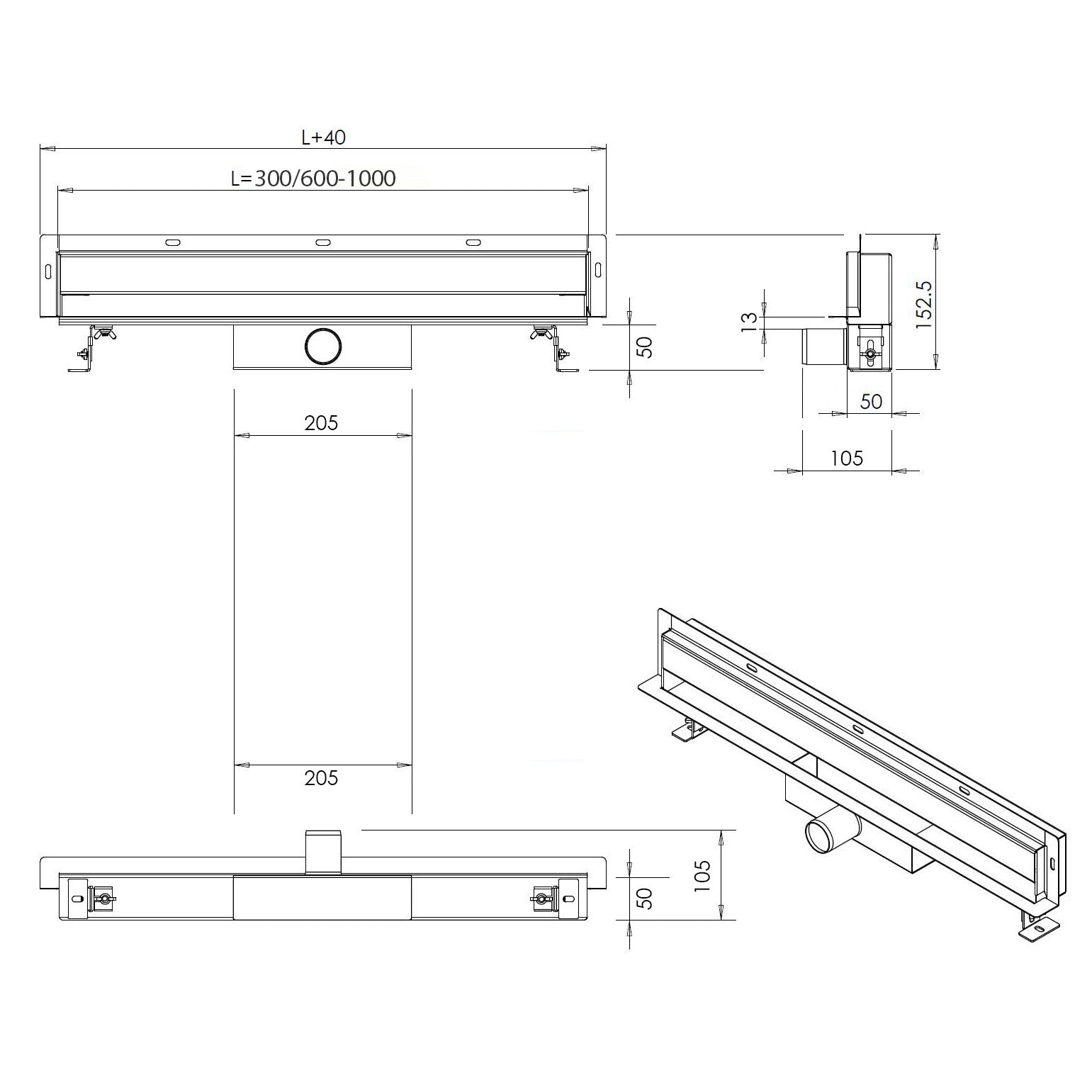 Canalina di scarico doccia a parete WD-GT02 - scarico a scomparsa - lunghezza selezionabile